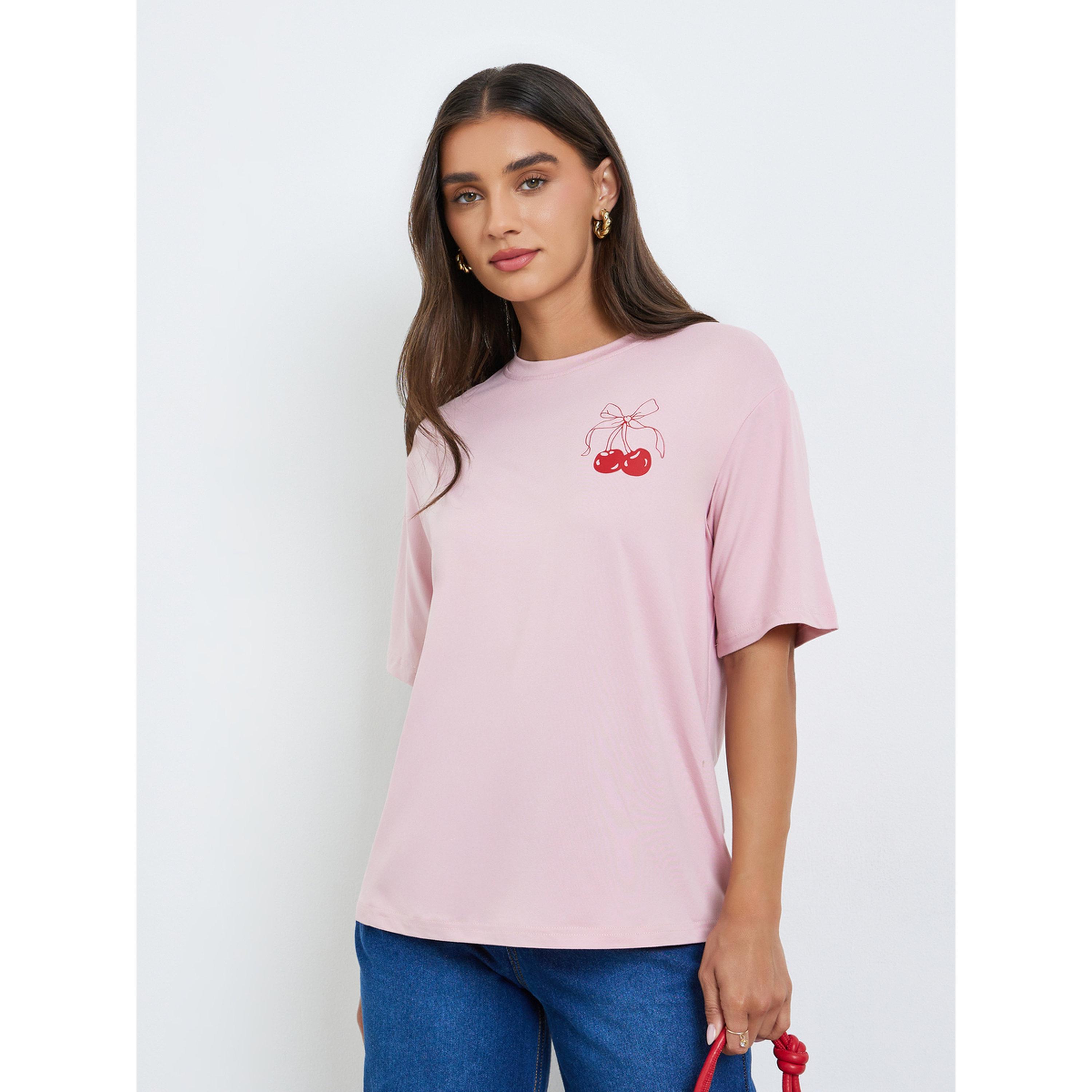 Styli Women Pink Graphic Print T-Shirt-women-clothing-tshirts-image-1