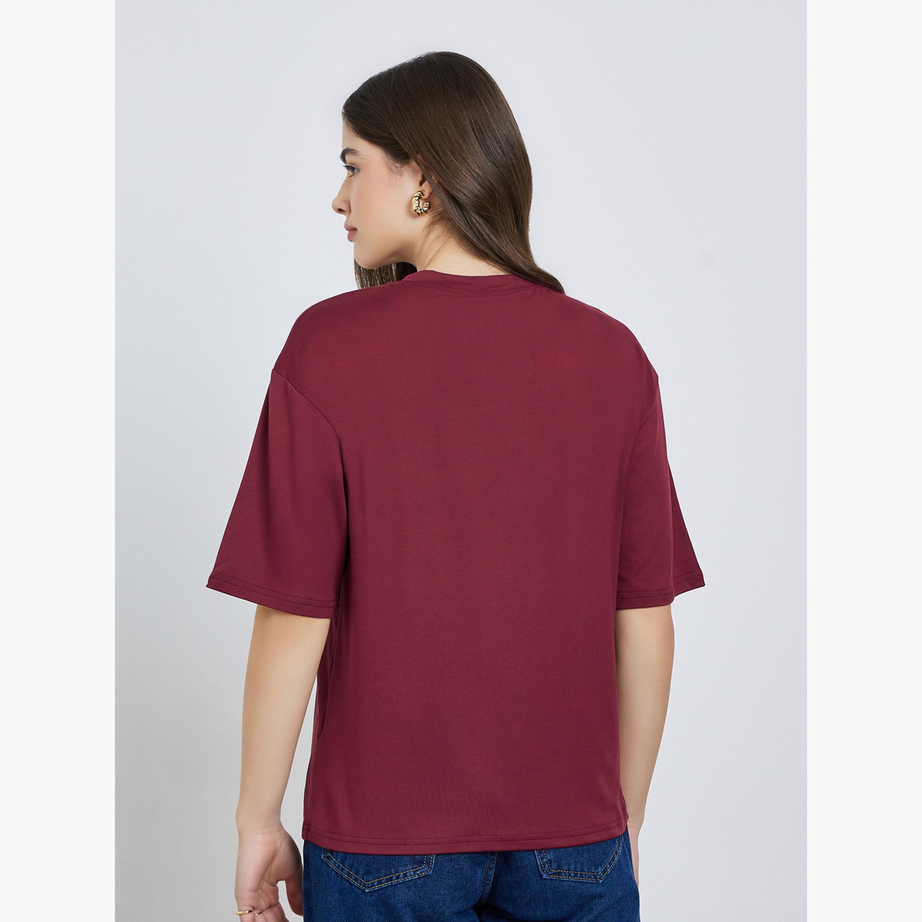 Styli Burgundy Slogan Oversized T-Shirt-women-clothing-tshirts-image-5