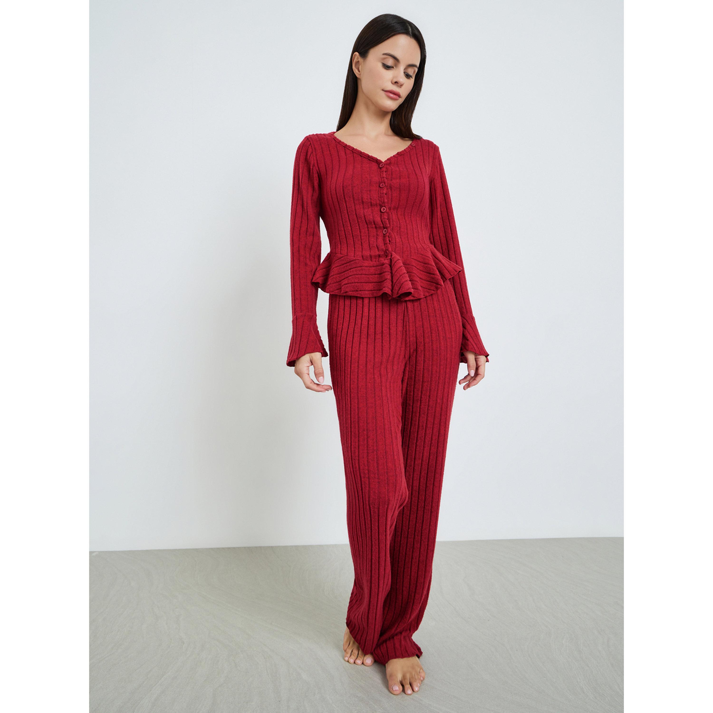 طقم بيجاما من بنطال وبلوزة مضلعة للنساء-women-clothing-nightwear-pyjamas-longsets-image-1