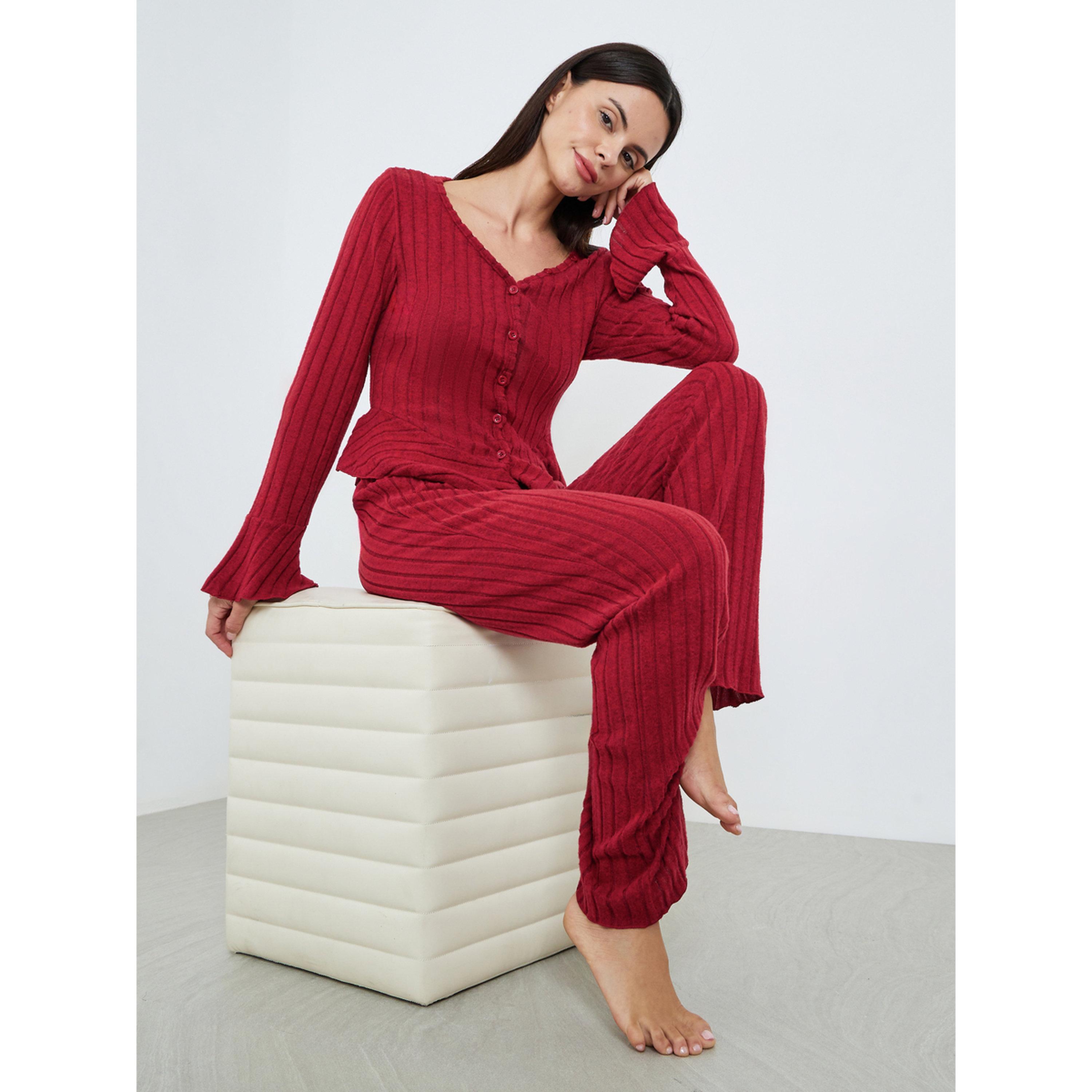 Styli Women Burgundy Ribbed Top and Pyjama Set-women-clothing-nightwear-pyjamas-longsets-image-2