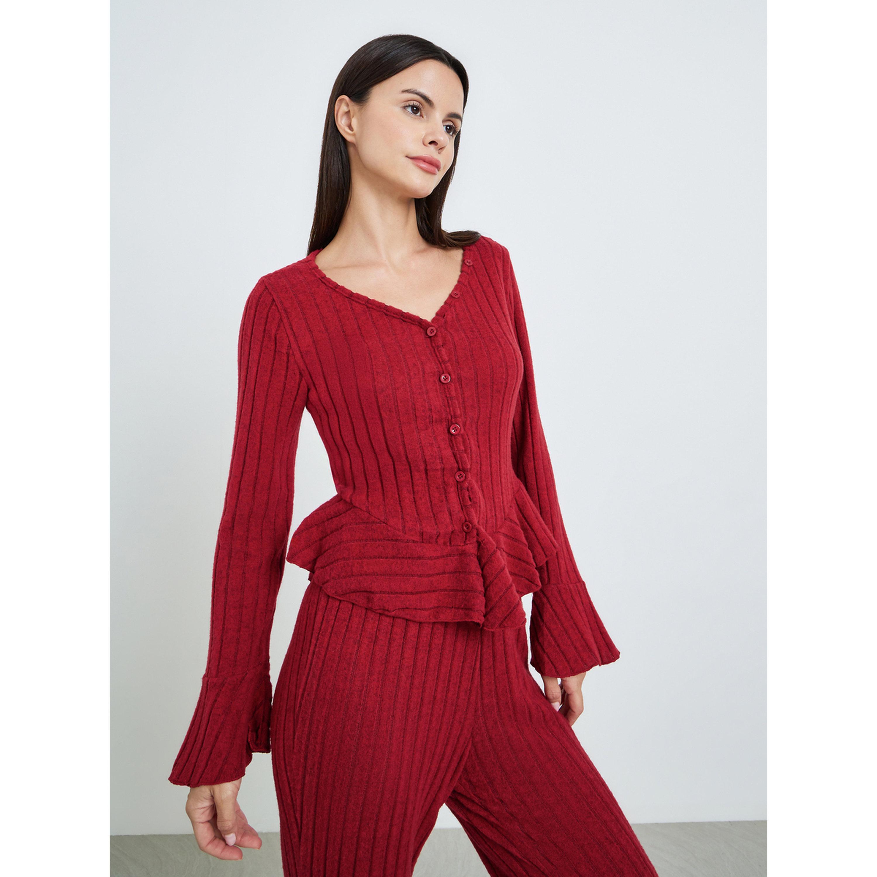 Styli Women Burgundy Ribbed Top and Pyjama Set-women-clothing-nightwear-pyjamas-longsets-image-3