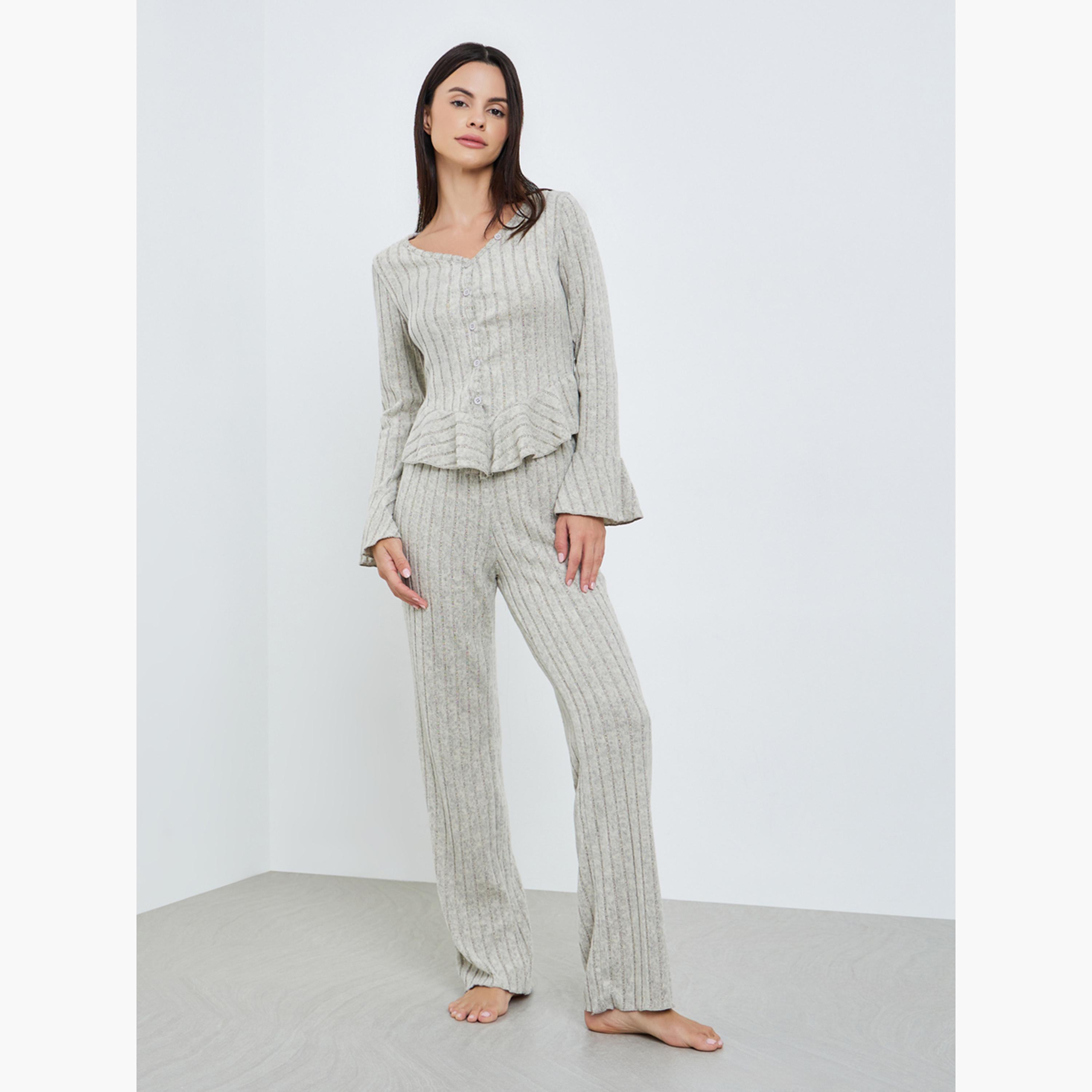 Styli Women Grey Ribbed Knit Top and Pyjama Set-women-clothing-nightwear-pyjamas-longsets-image-1