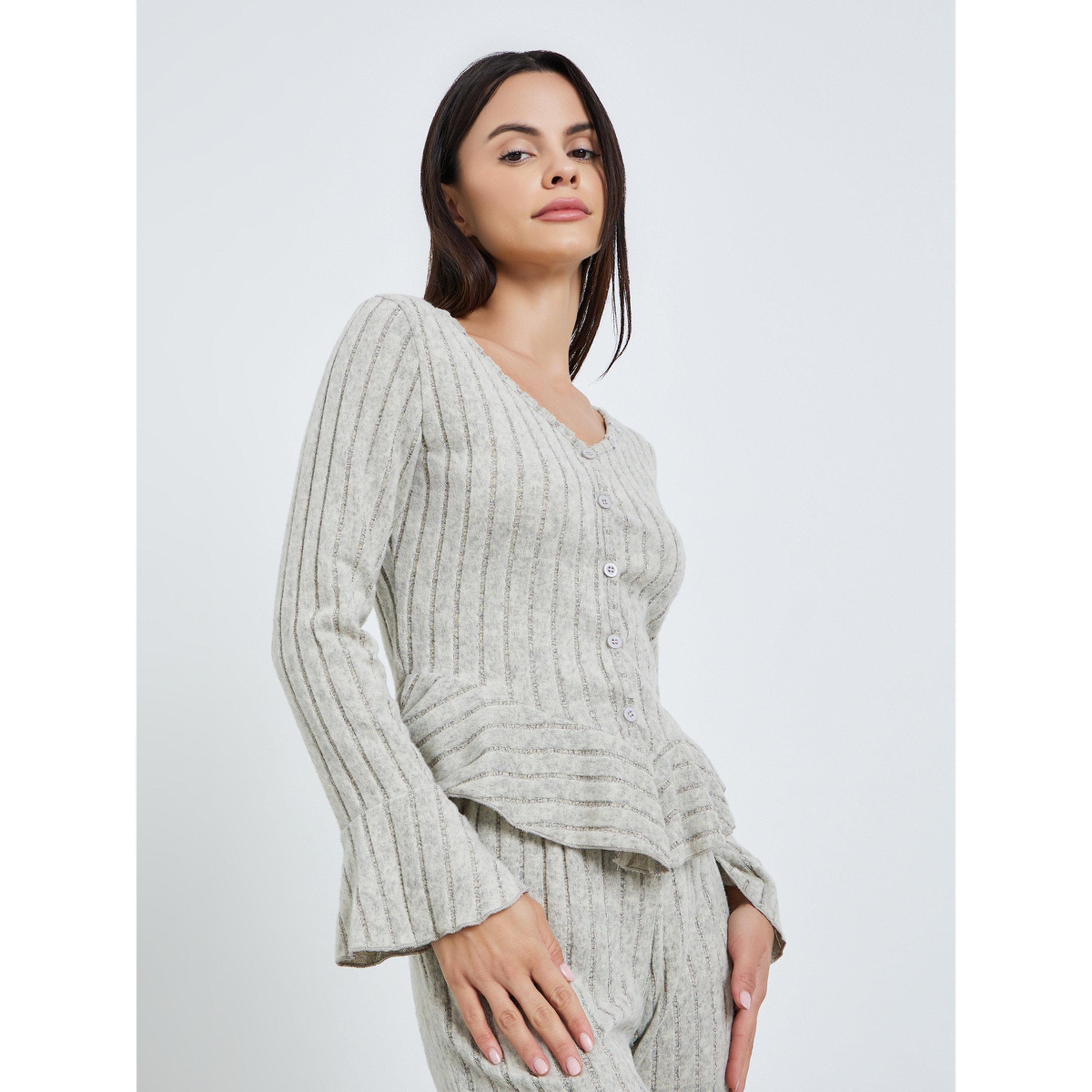 Styli Women Grey Ribbed Knit Top and Pyjama Set-women-clothing-nightwear-pyjamas-longsets-image-2
