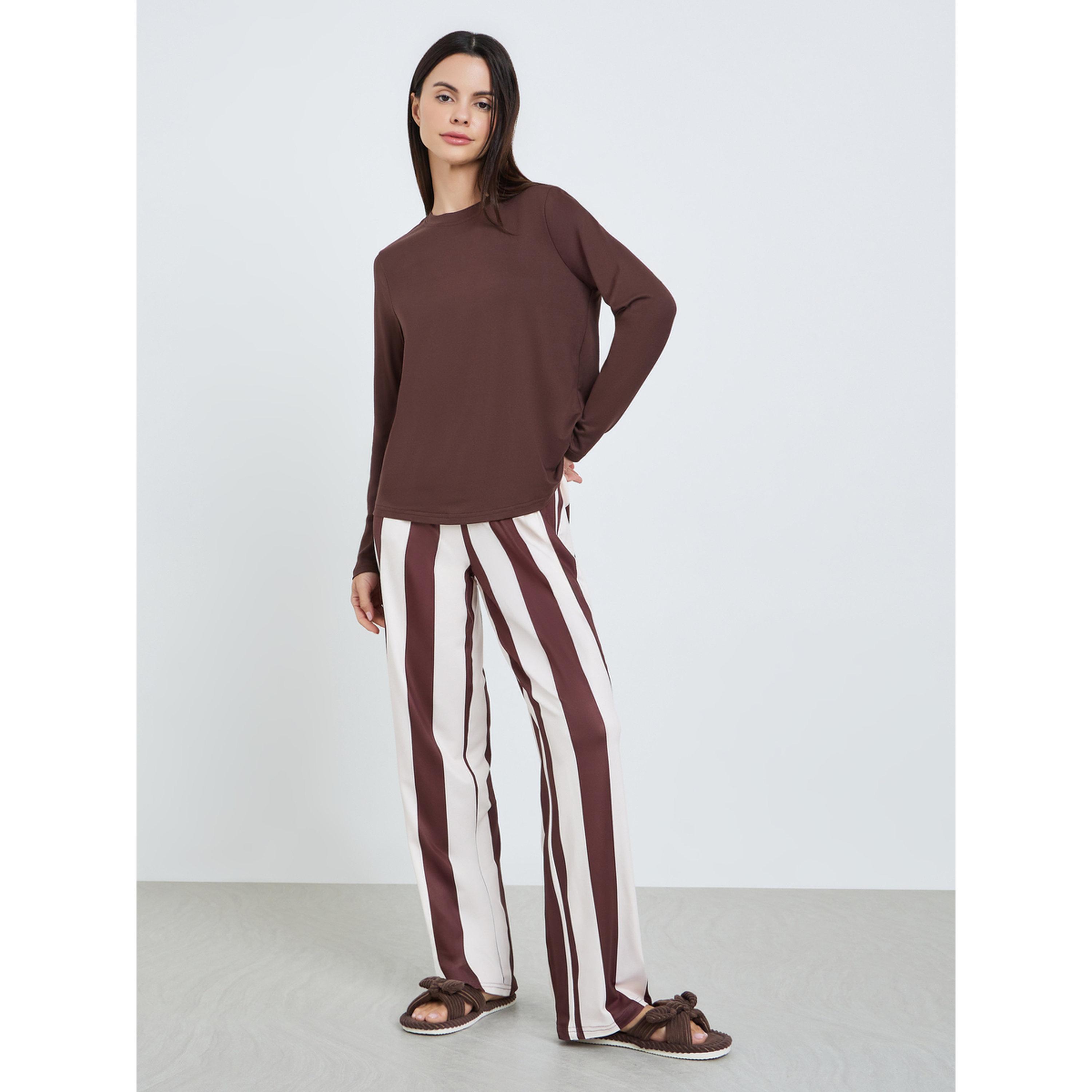 Styli Women Brown Long Sleeve T-Shirt and Striped Pyjama Set-women-clothing-nightwear-pyjamas-longsets-image-1