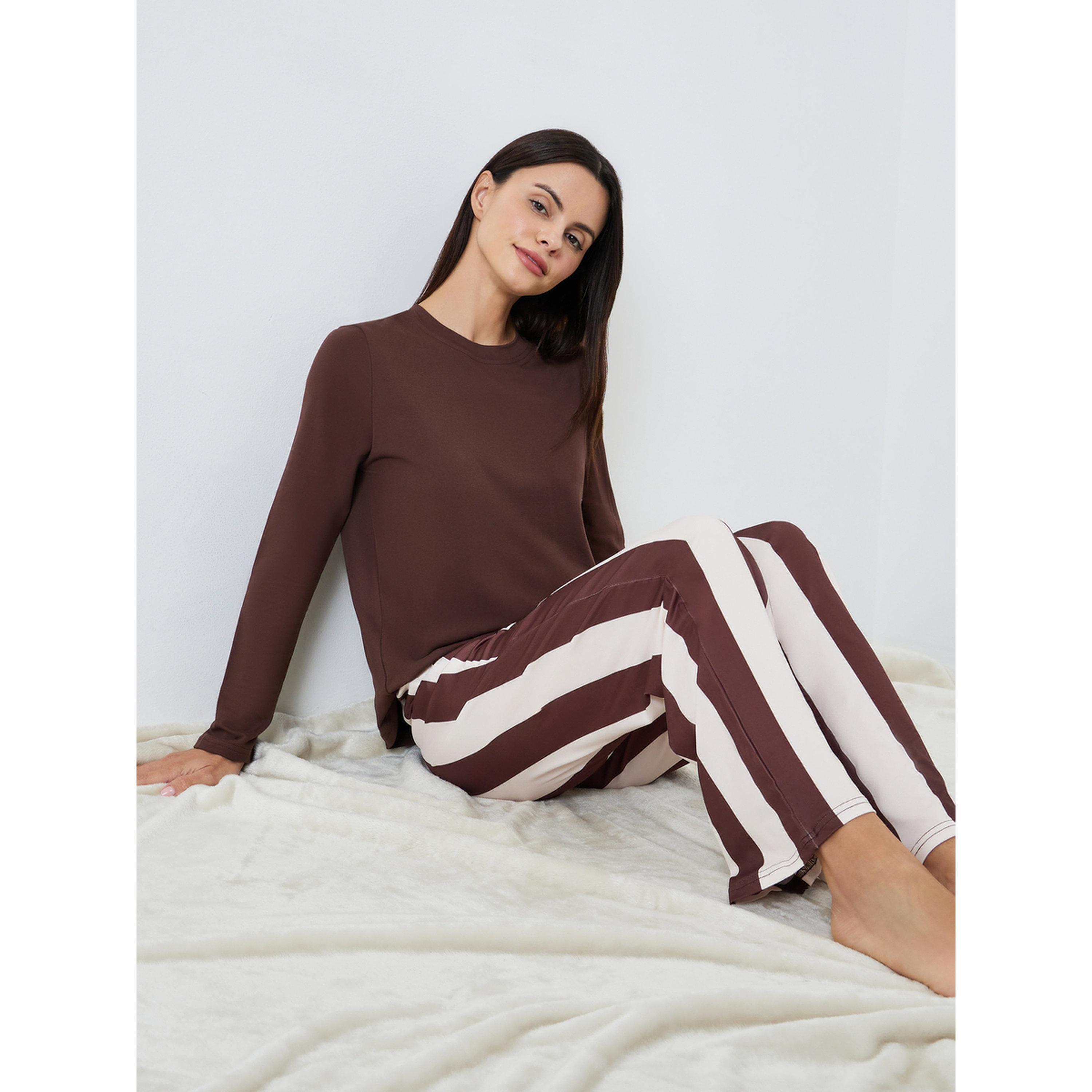 Styli Women Brown Long Sleeve T-Shirt and Striped Pyjama Set-women-clothing-nightwear-pyjamas-longsets-image-2