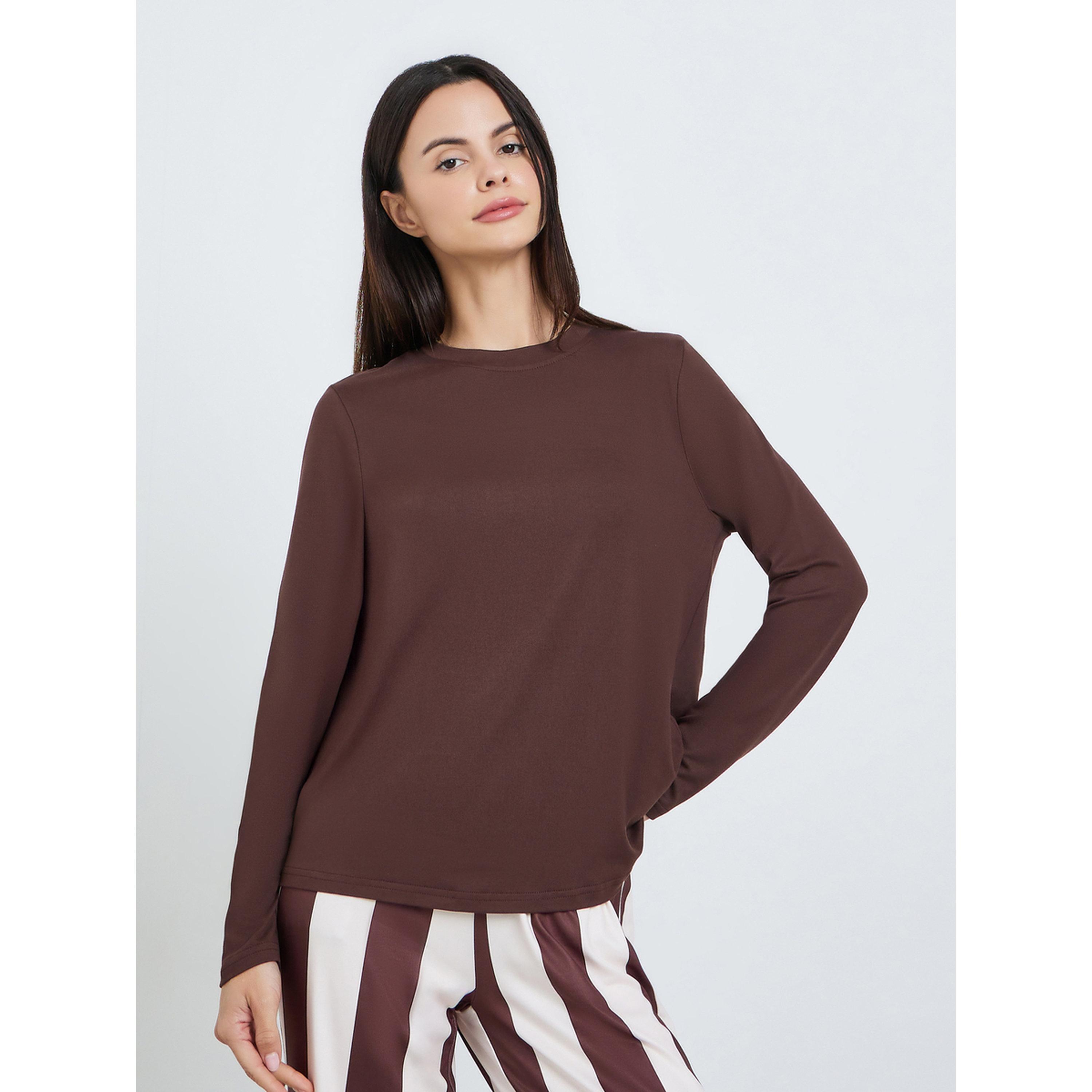 Styli Women Brown Long Sleeve T-Shirt and Striped Pyjama Set-women-clothing-nightwear-pyjamas-longsets-image-3