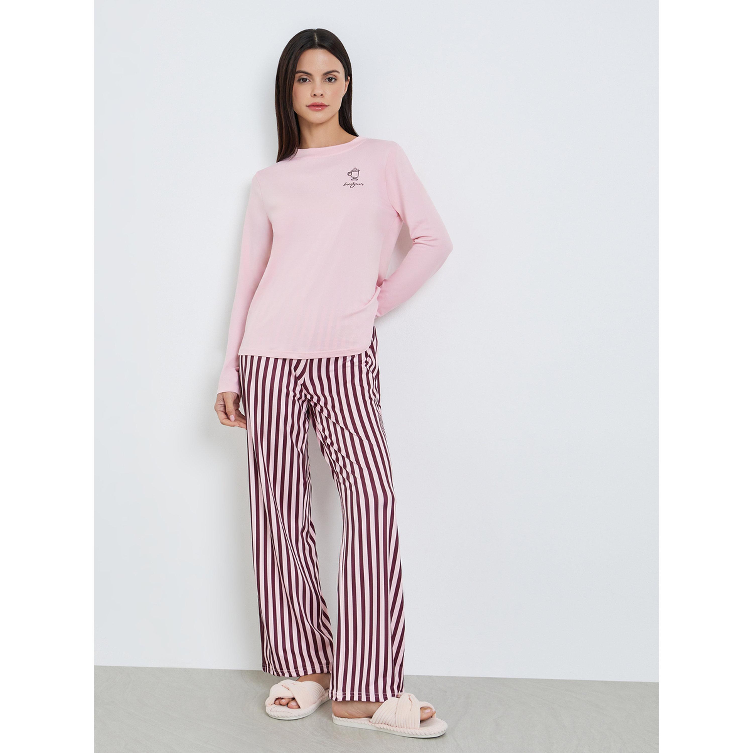 طقم بيجاما من بنطال مخطط وتيشيرت بأكمام طويلة-women-clothing-nightwear-pyjamas-longsets-image-1