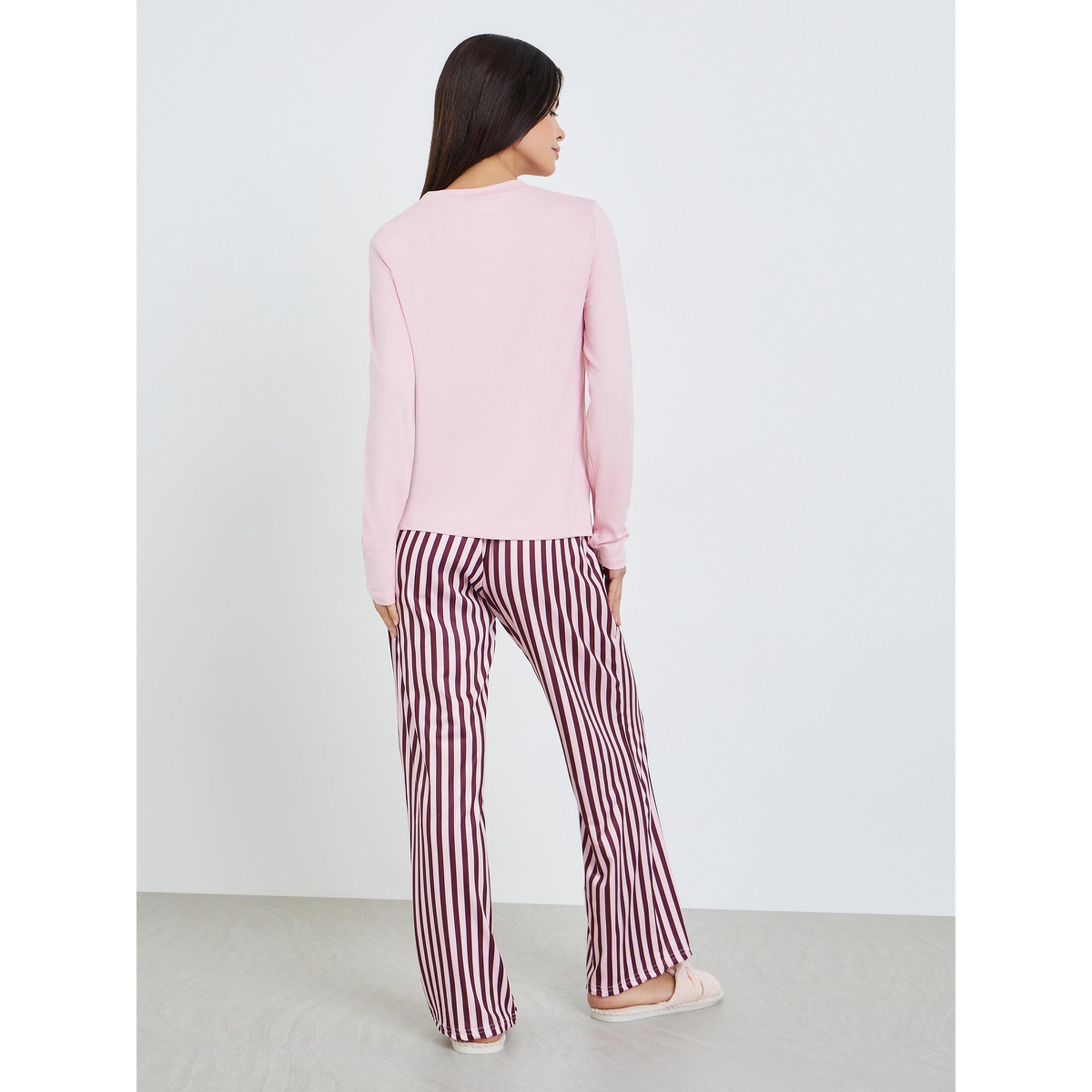 Styli Women Pink Long Sleeve T-Shirt and Striped Pyjama Set-women-clothing-nightwear-pyjamas-longsets-image-3