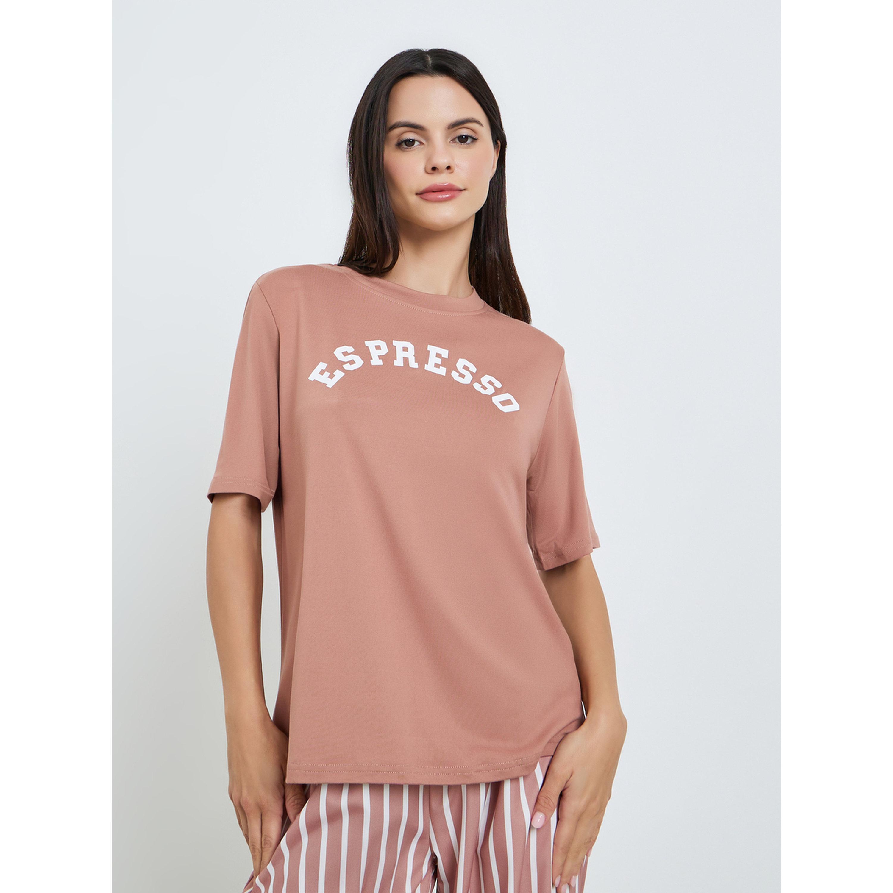 Styli Women Brown Slogan T-Shirt and Striped Pyjama Set-women-clothing-nightwear-pyjamas-longsets-image-2