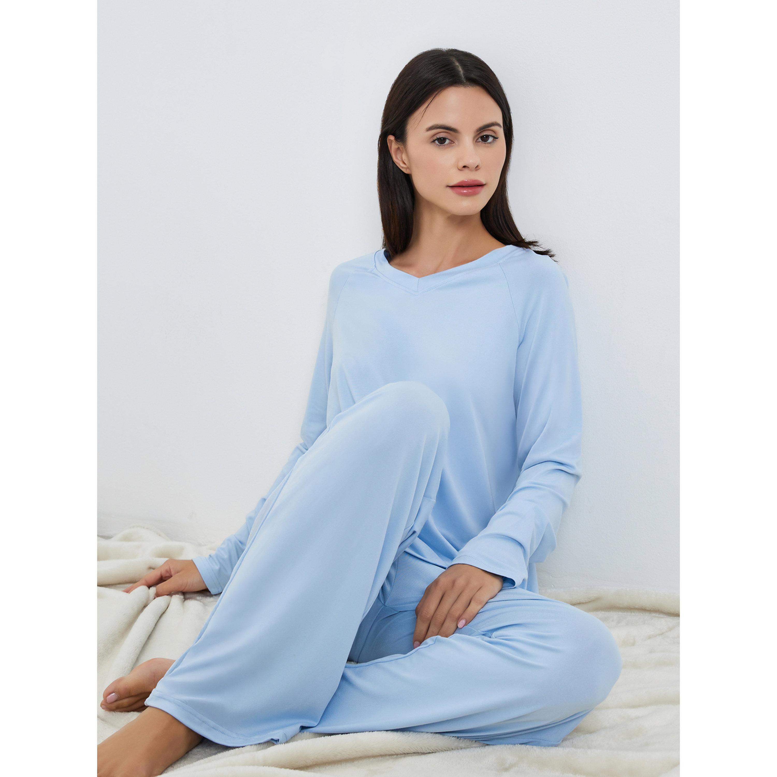 Styli Women Blue Knitted T-Shirt and Pyjama Set-women-clothing-nightwear-pyjamas-longsets-image-2