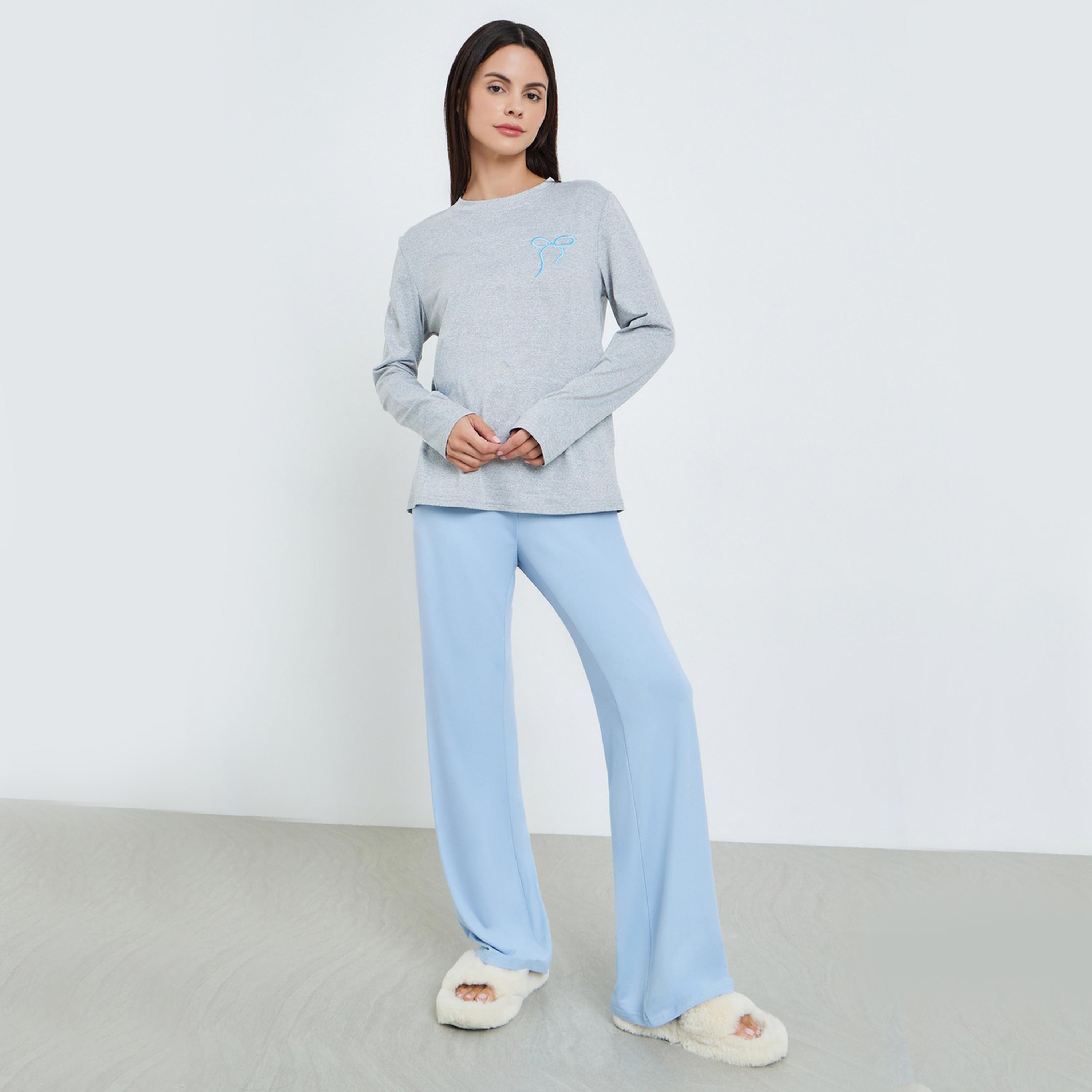 طقم بيجاما من بنطال وتيشيرت محبوك بأكمام طويلة-women-clothing-nightwear-pyjamas-longsets-image-1
