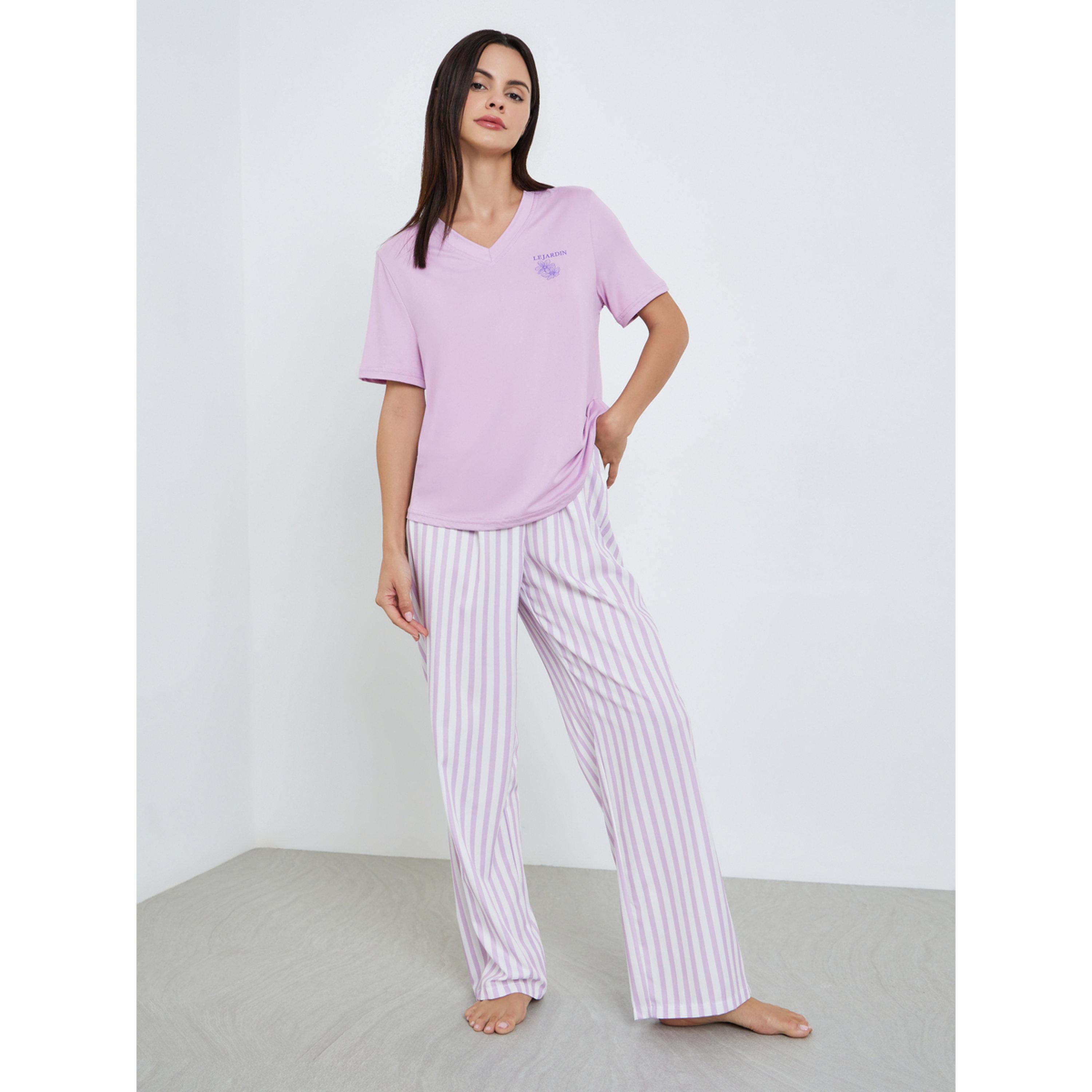 Styli Women Purple Solid T-Shirt and Striped Pyjama Set-women-clothing-nightwear-pyjamas-longsets-image-1