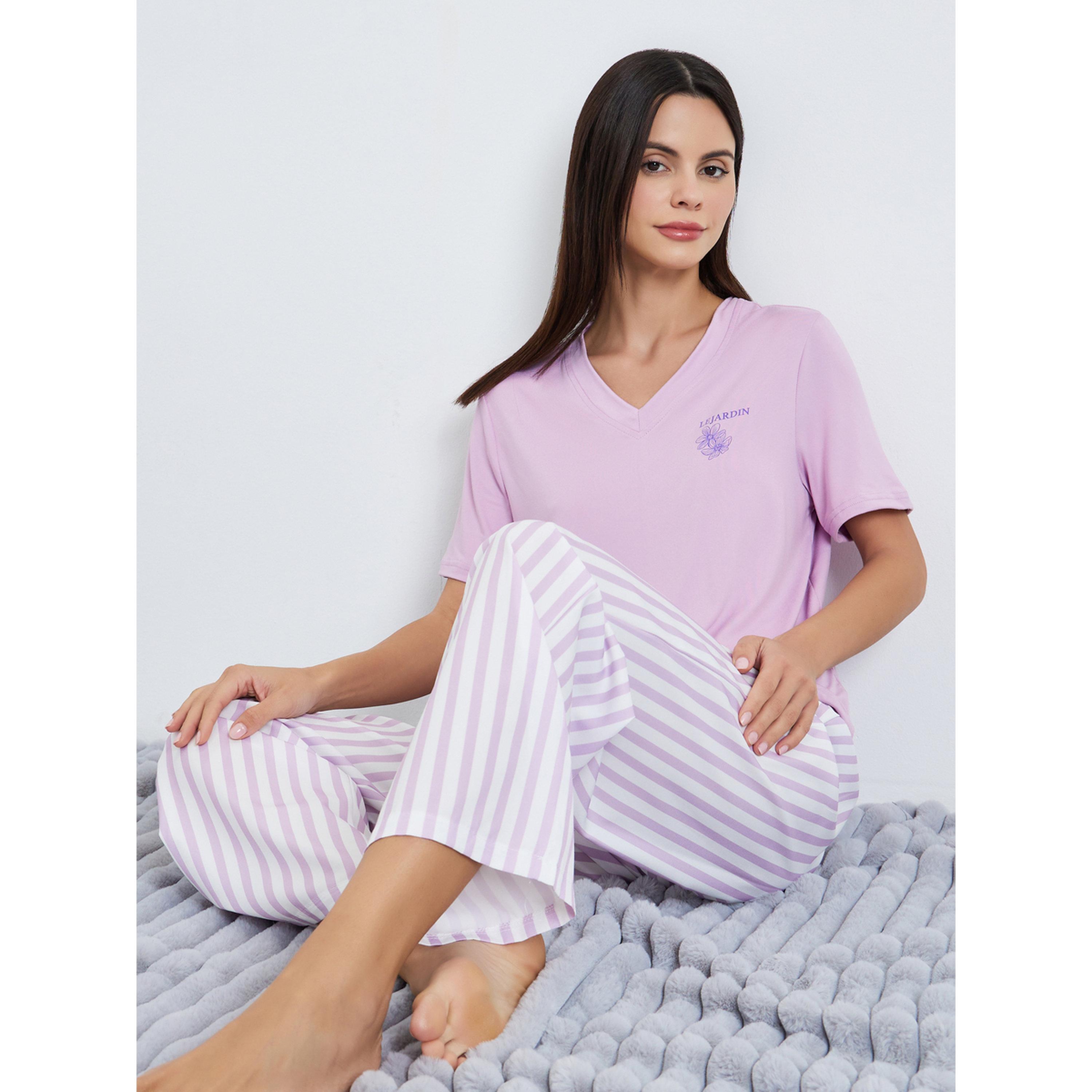 Styli Women Purple Solid T-Shirt and Striped Pyjama Set-women-clothing-nightwear-pyjamas-longsets-image-2