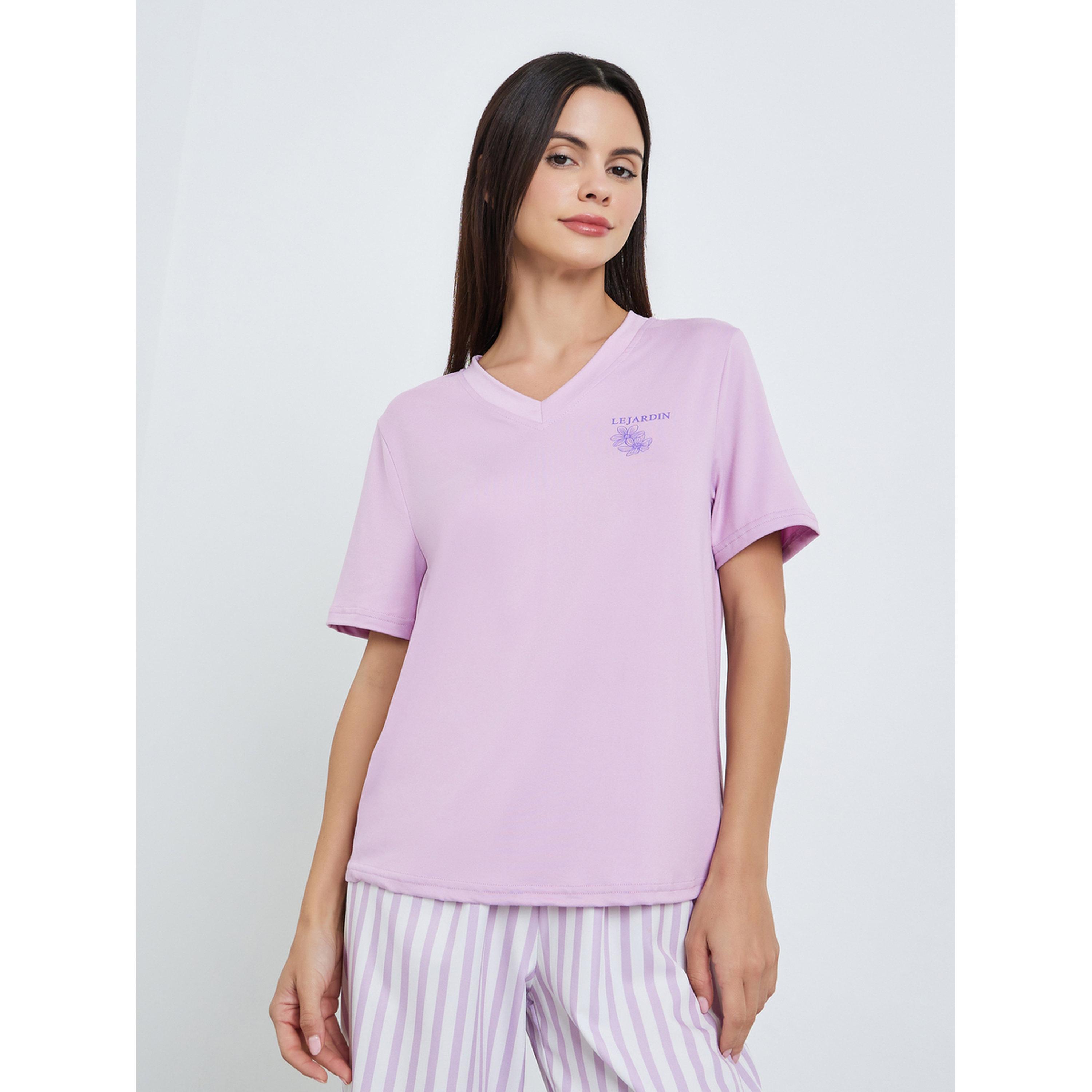 طقم بيجاما من بنطال مخطط وتيشيرت سادة للنساء-women-clothing-nightwear-pyjamas-longsets-image-3