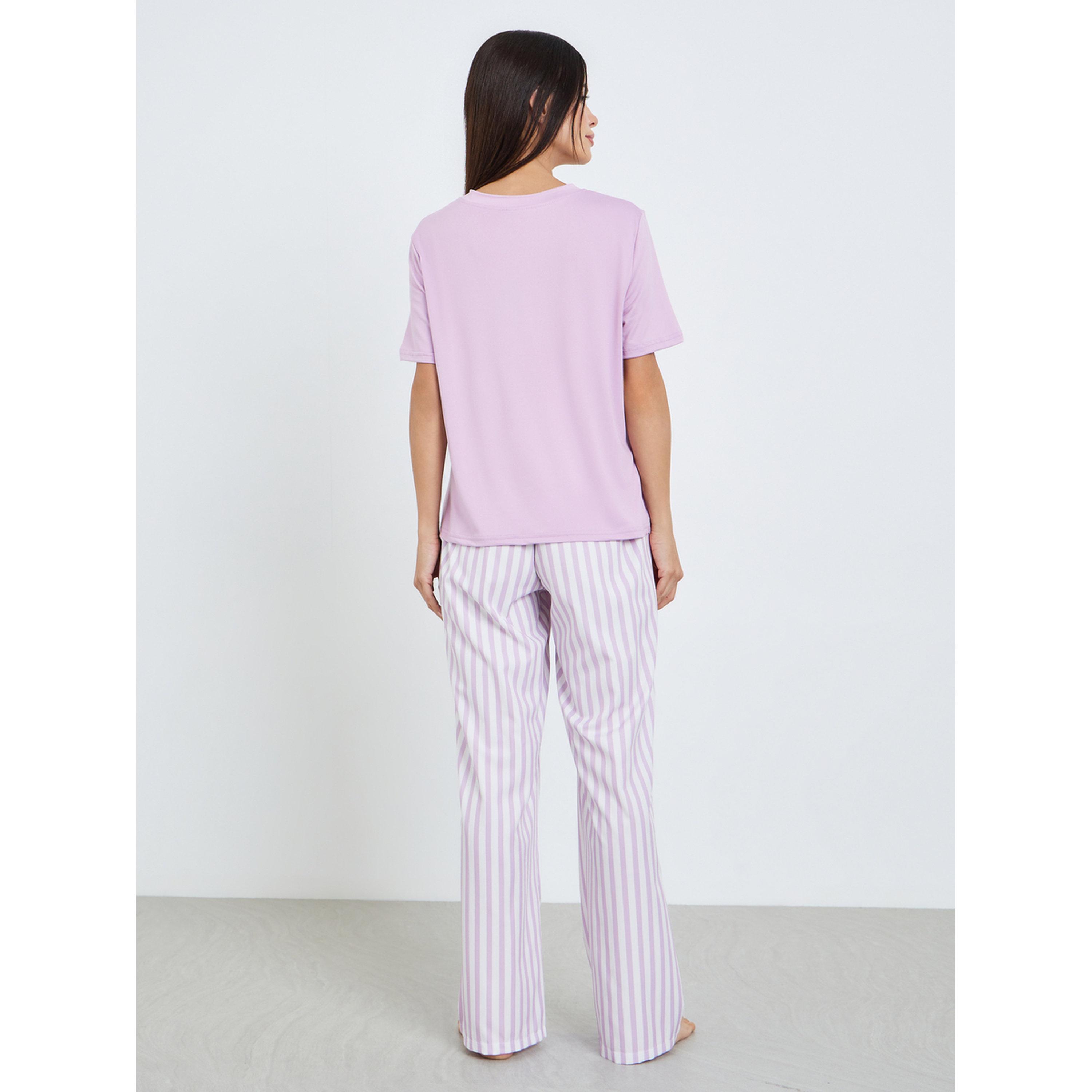 طقم بيجاما من بنطال مخطط وتيشيرت سادة للنساء-women-clothing-nightwear-pyjamas-longsets-image-4
