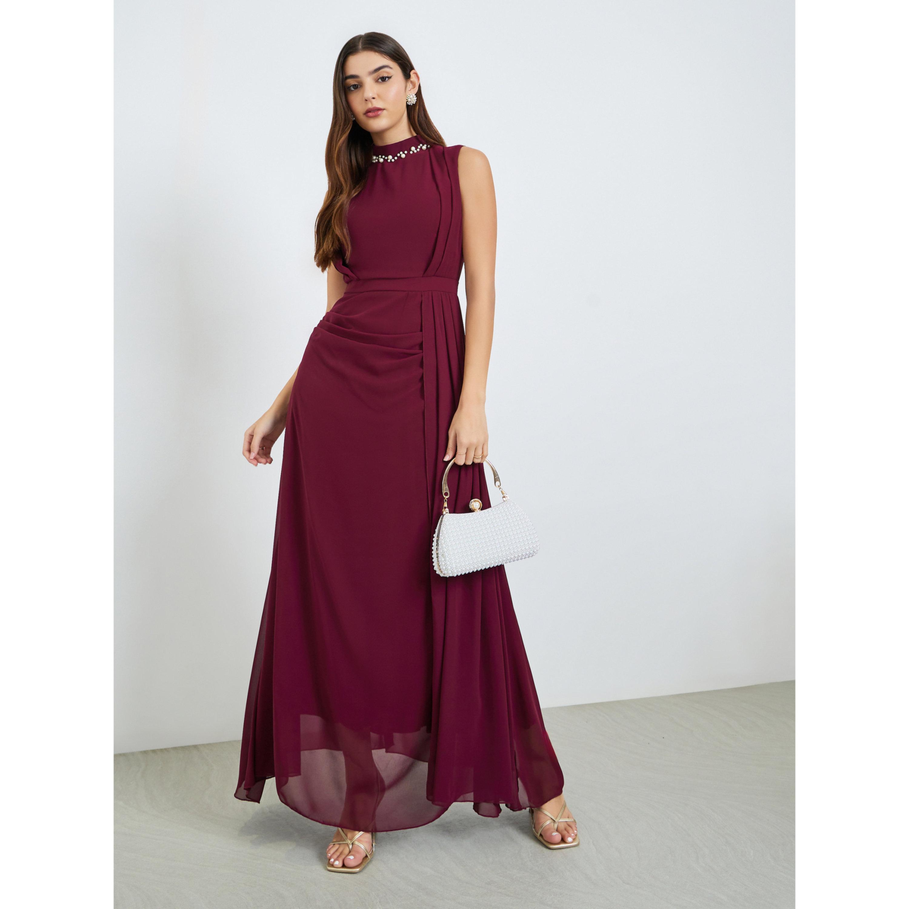 فستان طويل بياقة مزينة باللؤلؤ بورغندي-women-clothing-dresses-image-1