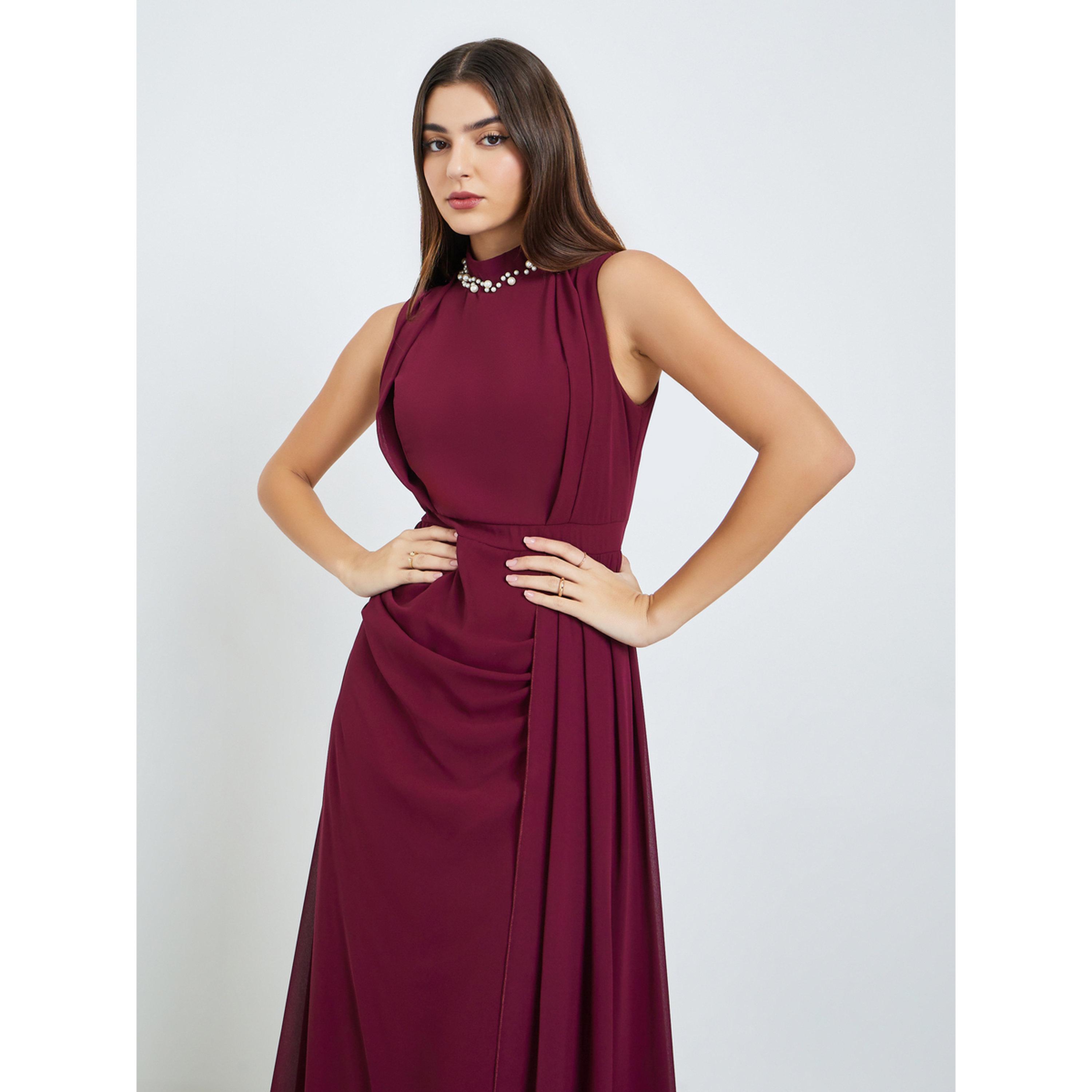 فستان طويل بياقة مزينة باللؤلؤ بورغندي-women-clothing-dresses-image-2