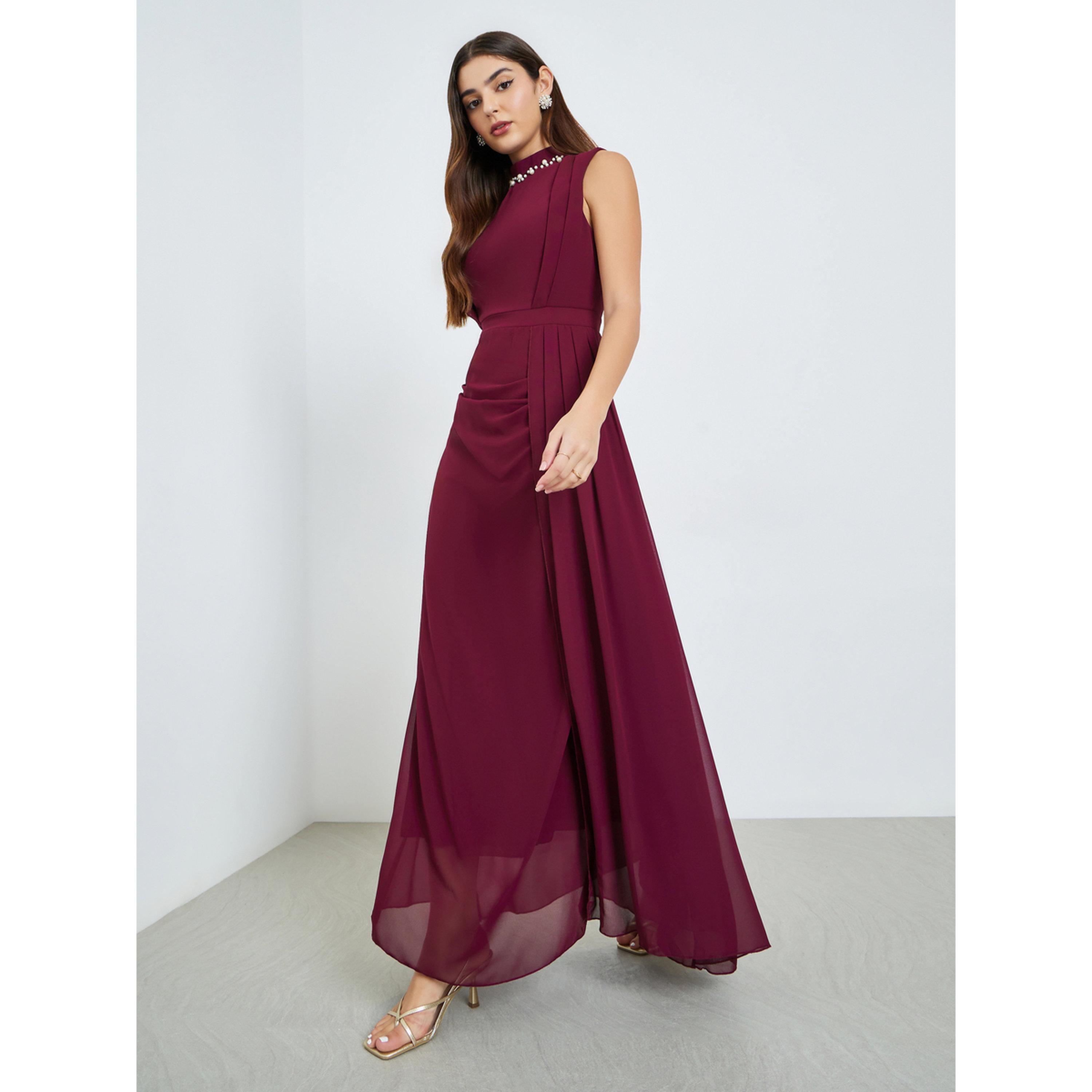 Styli Women Burgundy Embellished Pearls Neck Maxi Dress-women-clothing-dresses-image-3