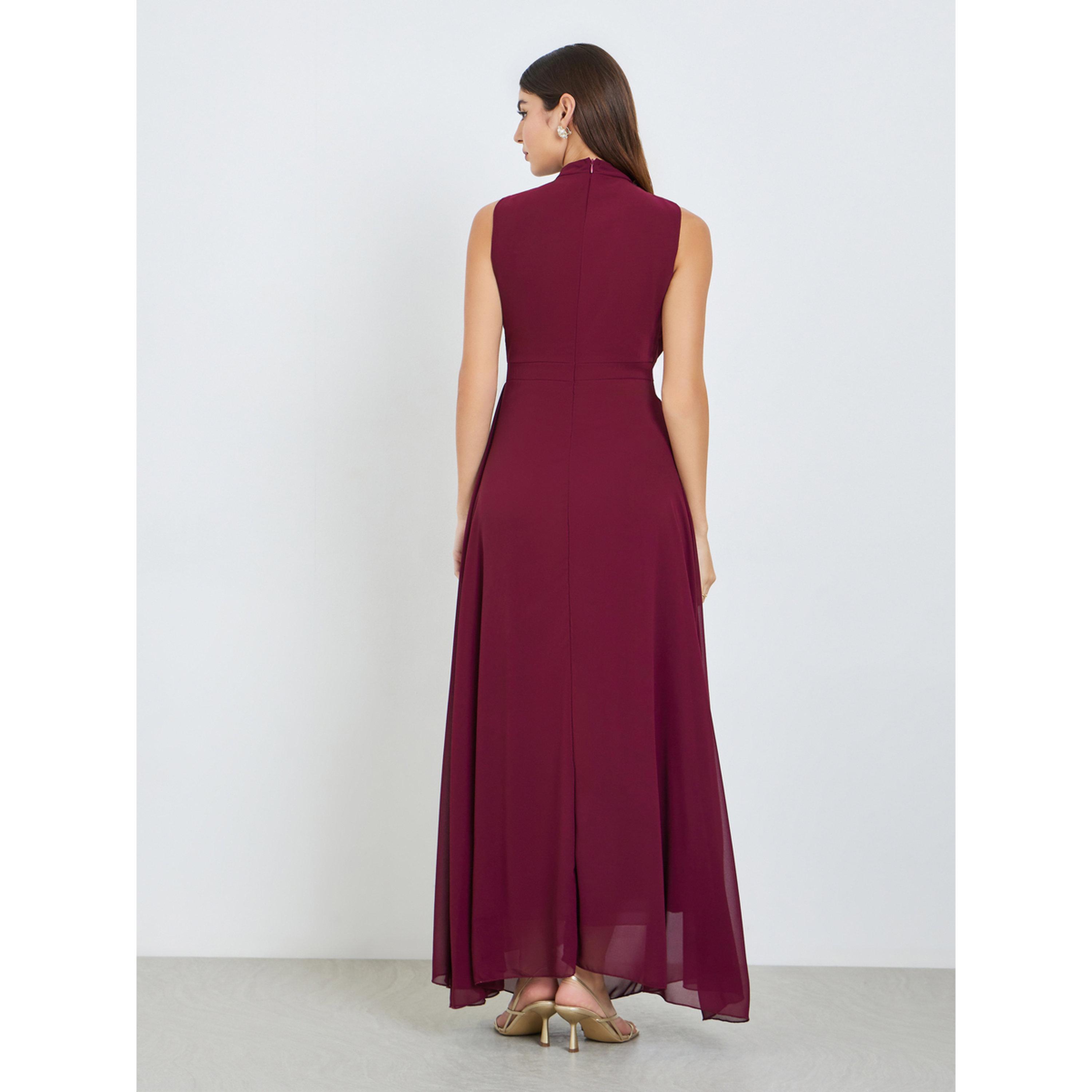 Styli Women Burgundy Embellished Pearls Neck Maxi Dress-women-clothing-dresses-image-4