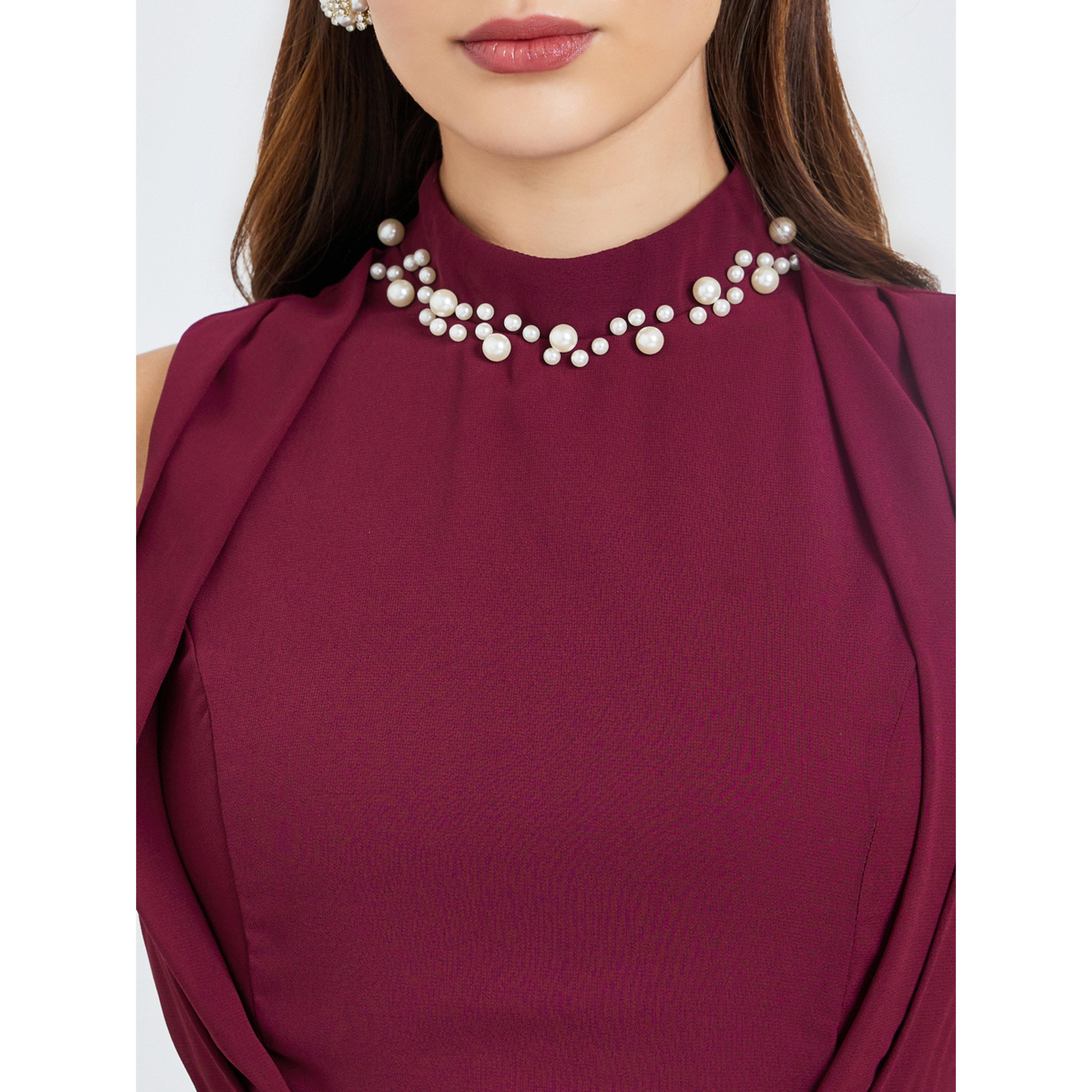 Styli Women Burgundy Embellished Pearls Neck Maxi Dress-women-clothing-dresses-image-5