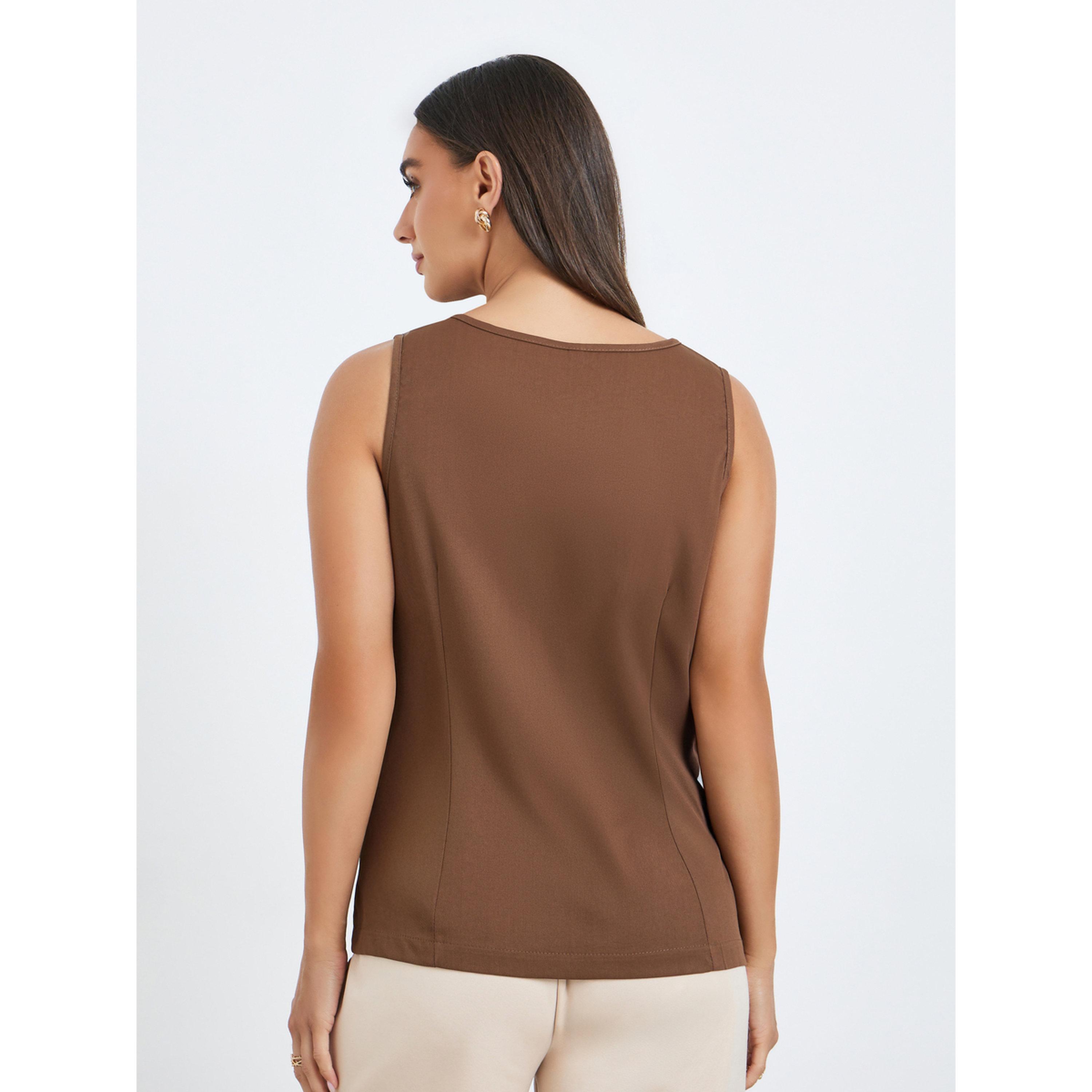 Styli Women Brown Solid Square Neck Waistcoat-women-clothing-shirtsandblouses-blouses-image-4