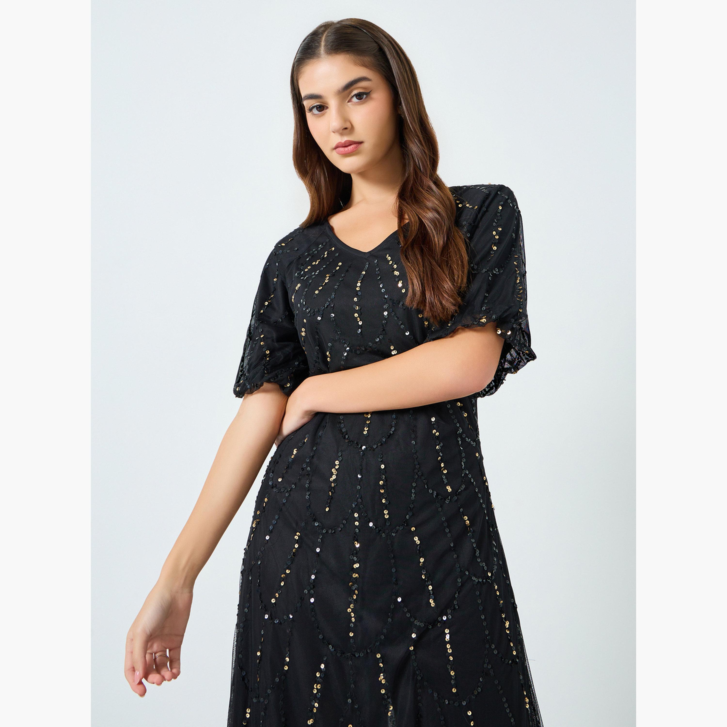 Styli Women Black Embellished Mesh Maxi Dress-women-clothing-dresses-image-3