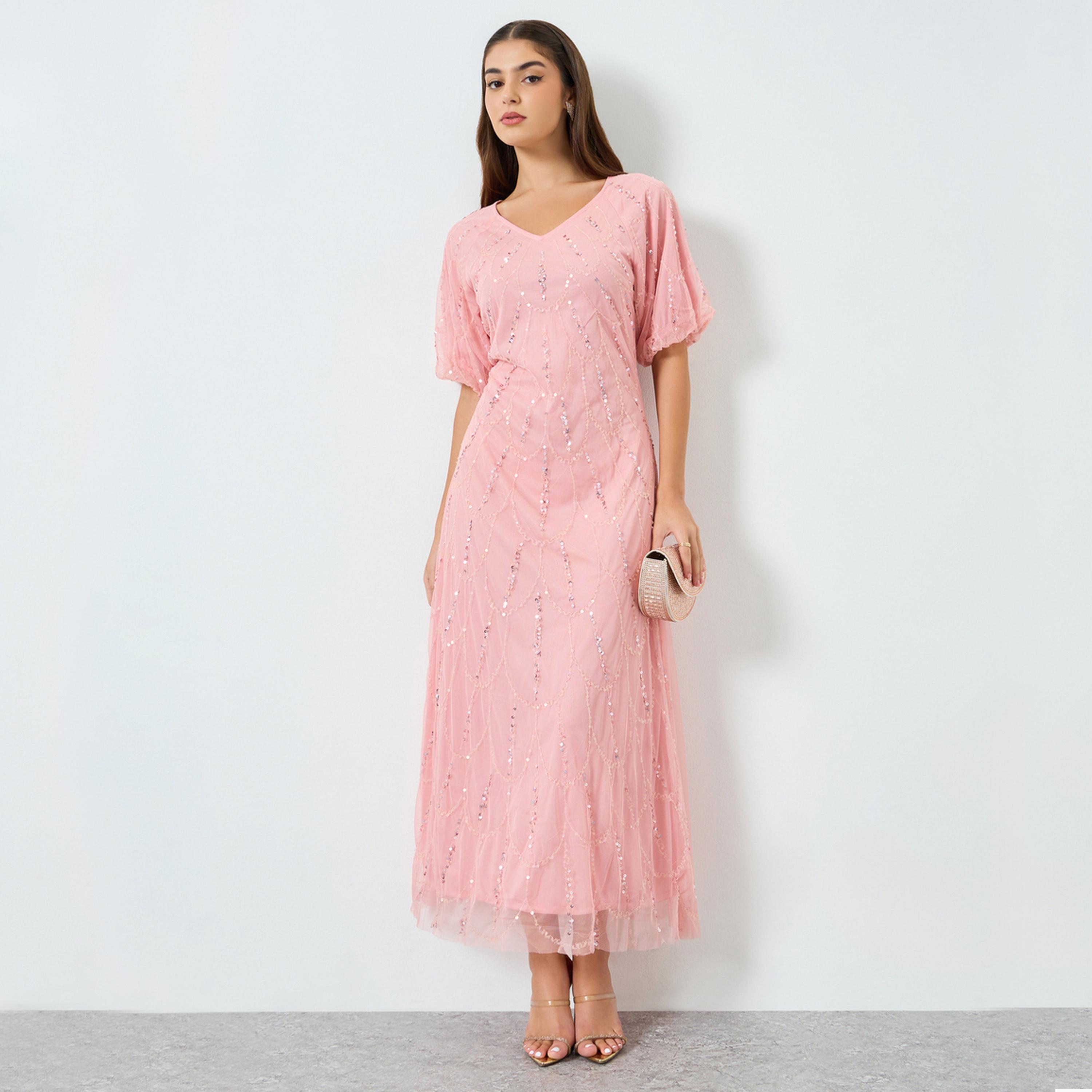 Styli Women Peach Embellished Mesh Maxi Dress-women-clothing-dresses-image-1