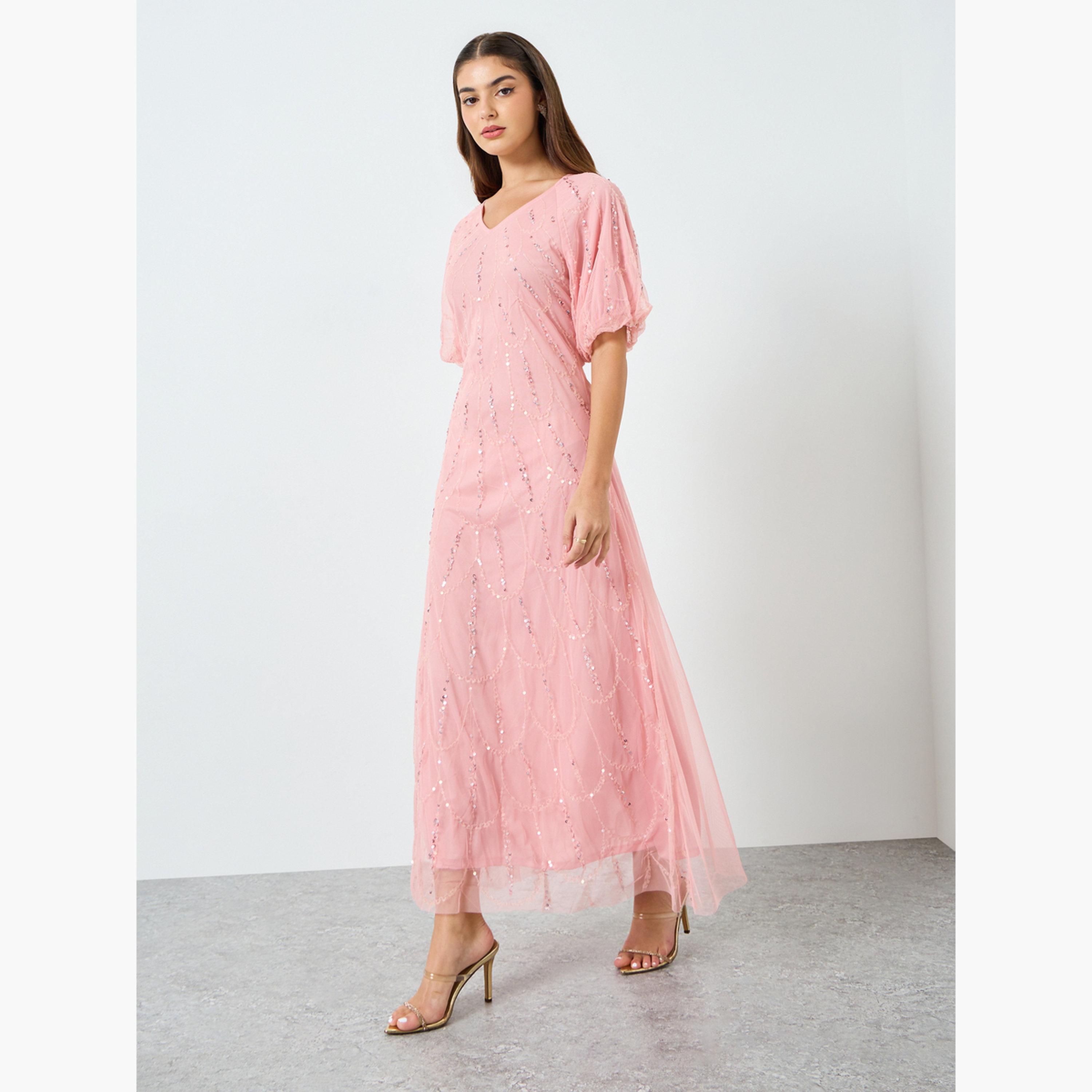 فستان طويل منمق بتفاصيل شبكية-women-clothing-dresses-image-2