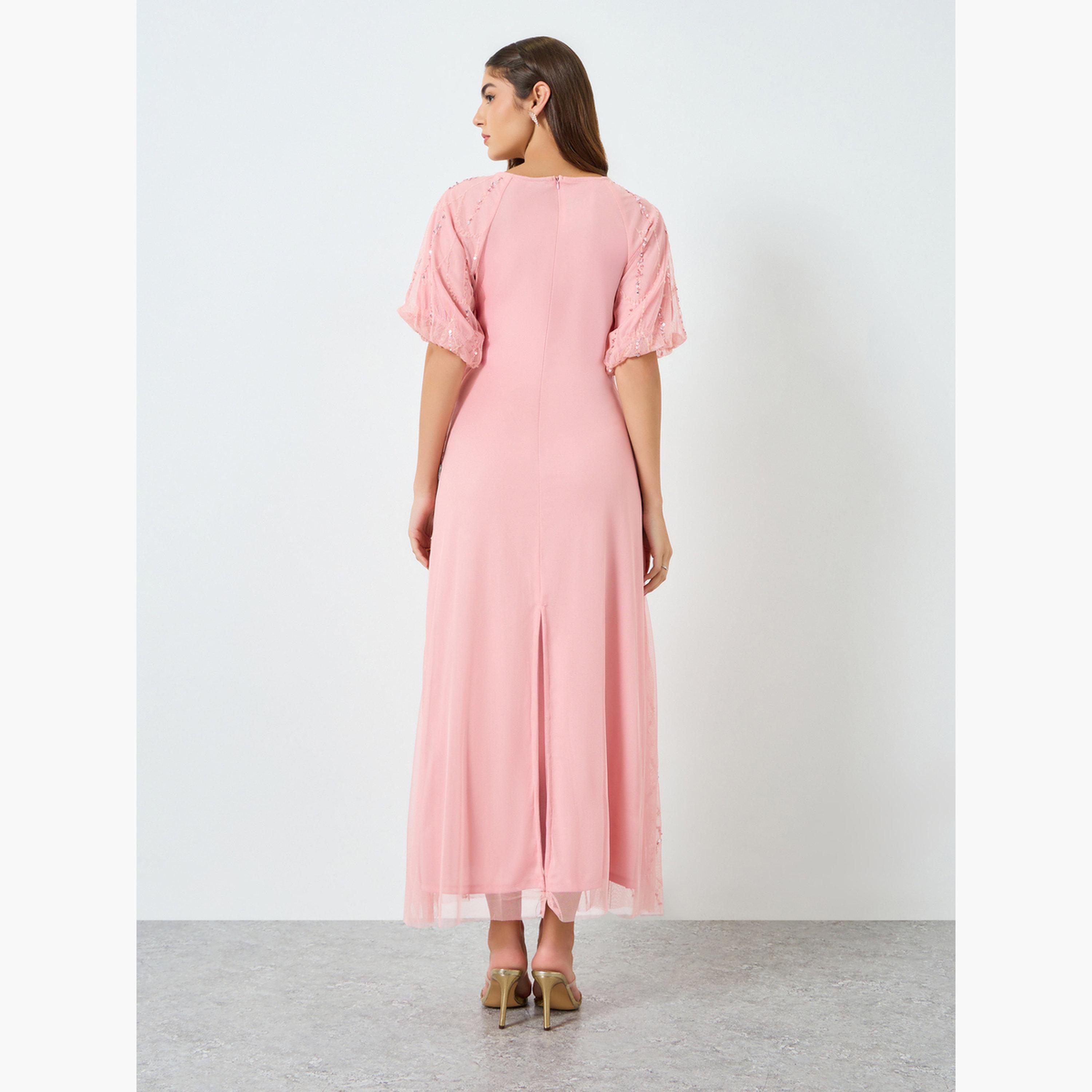 Styli Women Peach Embellished Mesh Maxi Dress-women-clothing-dresses-image-3