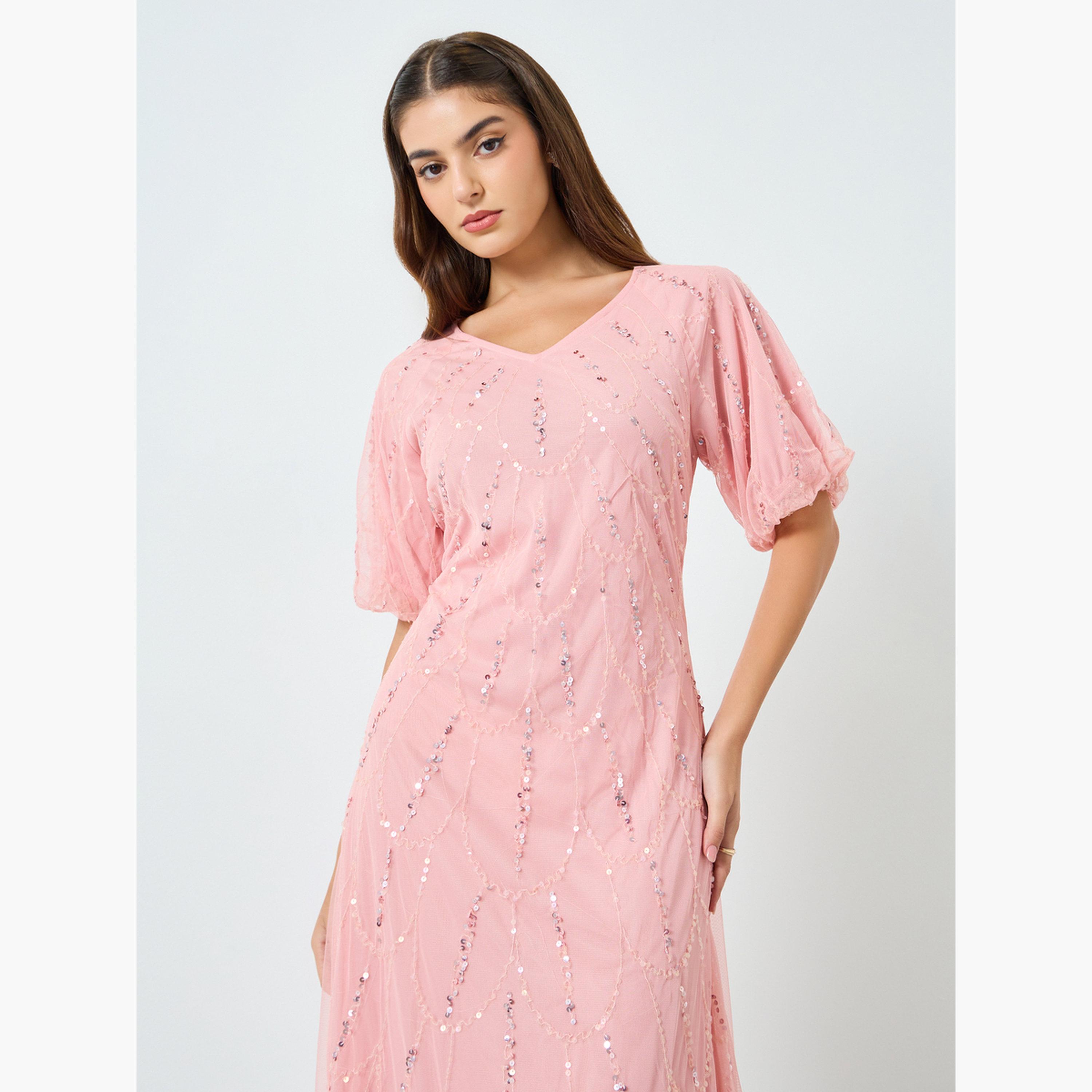 فستان طويل منمق بتفاصيل شبكية-women-clothing-dresses-image-4