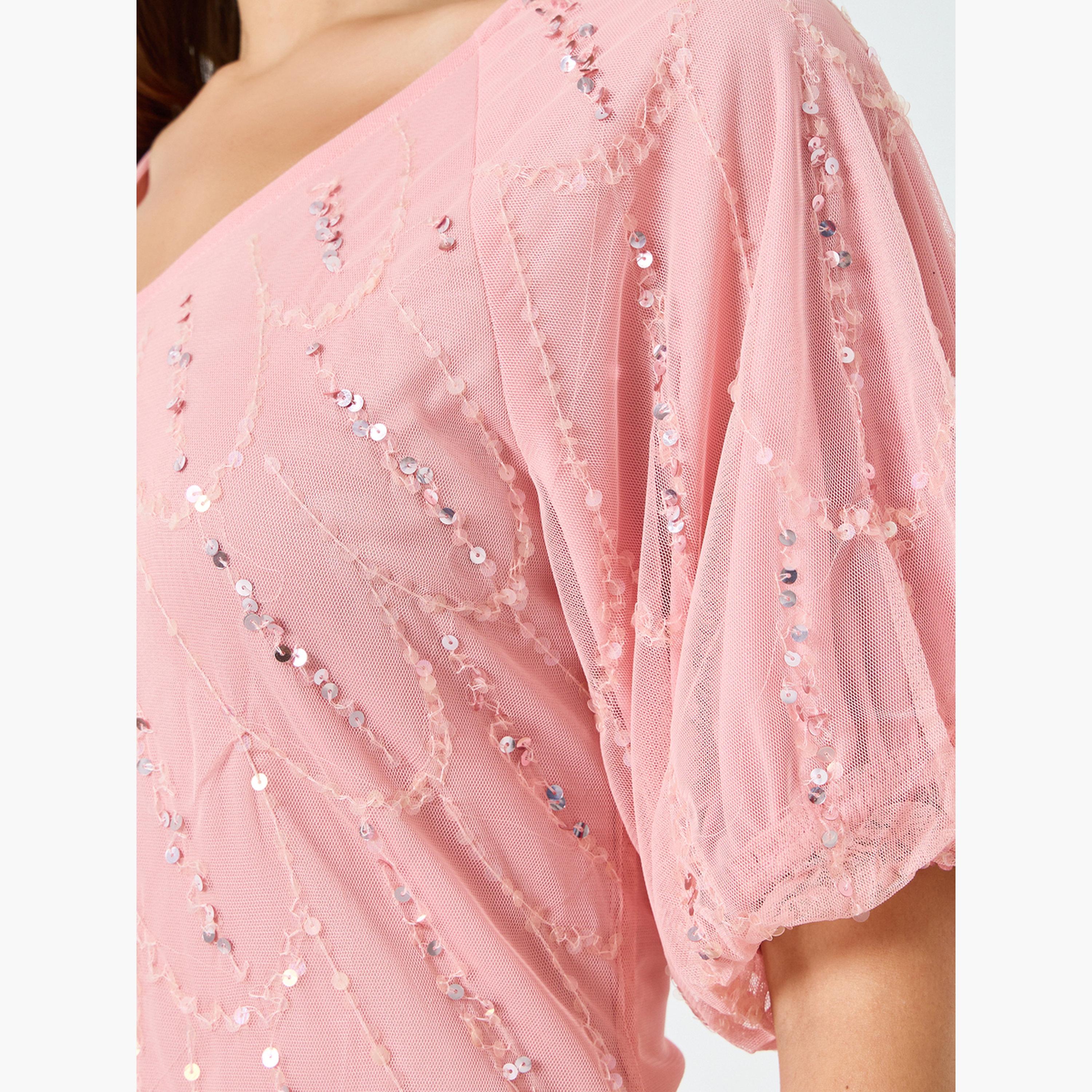 Styli Women Peach Embellished Mesh Maxi Dress-women-clothing-dresses-image-5