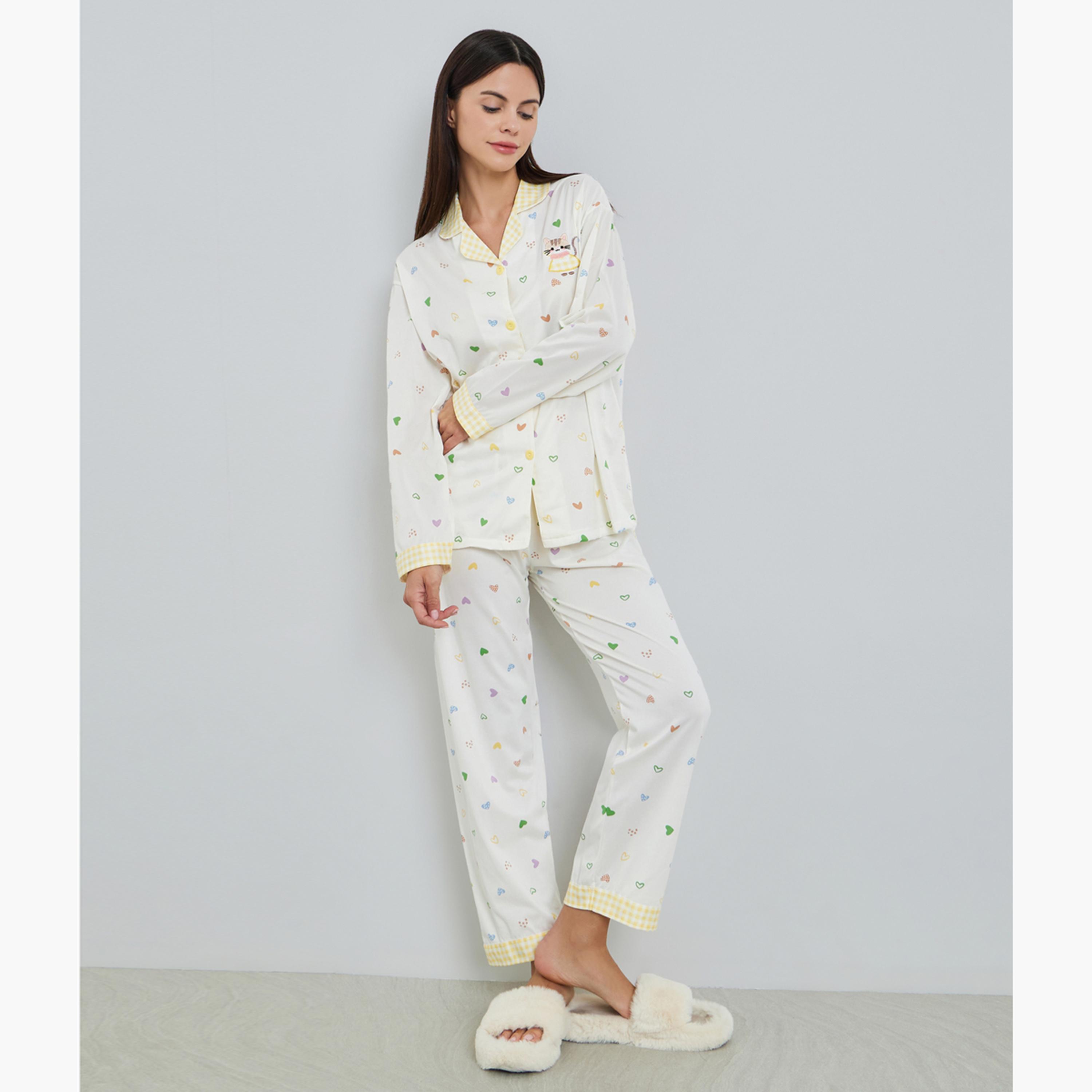 طقم بيجاما من بنطال وبلوزة بطبعة قلب وأكمام طويلة-women-clothing-nightwear-pyjamas-longsets-image-1