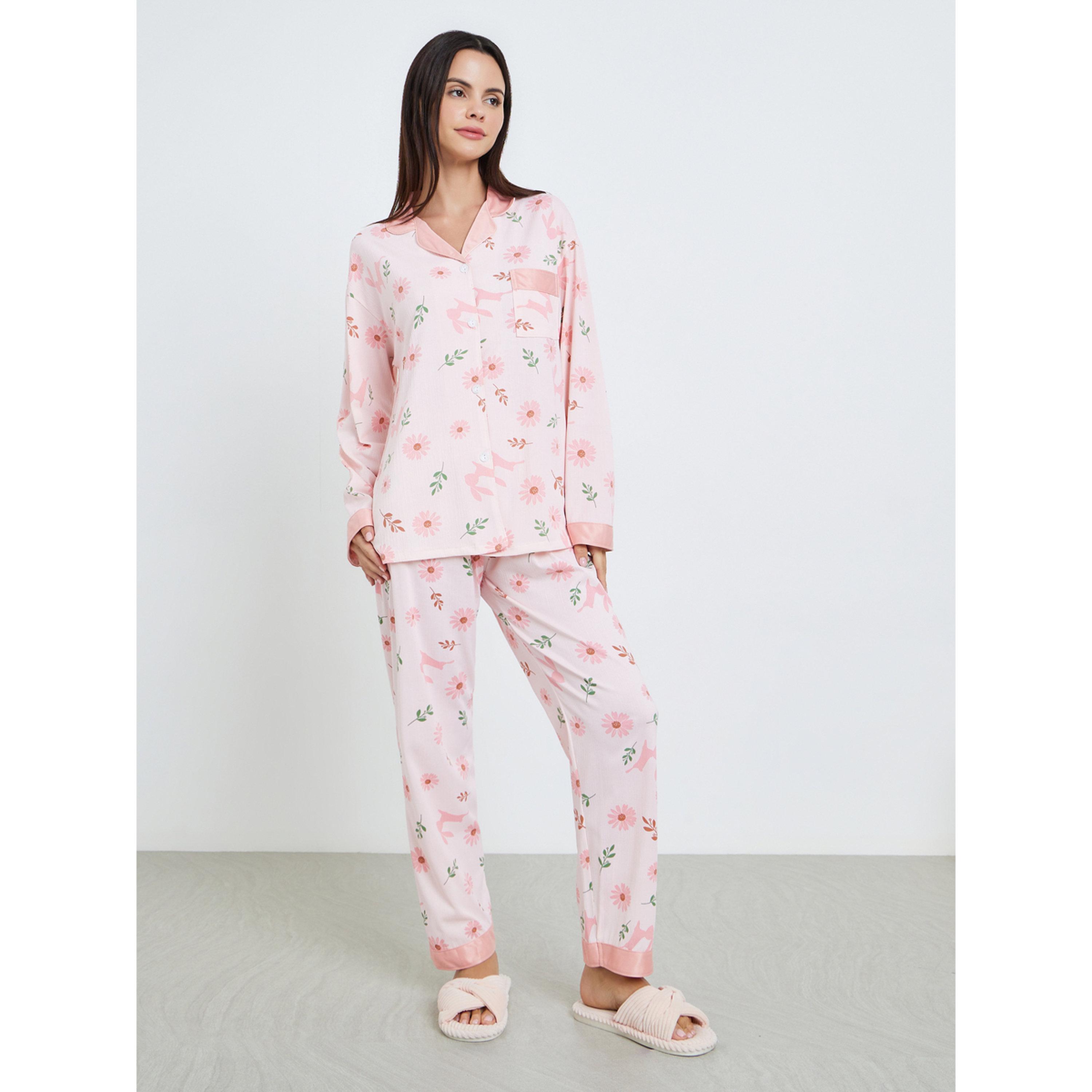 طقم بيجاما من بنطال وبلوزة بطبعة زهور-women-clothing-nightwear-pyjamas-longsets-image-1