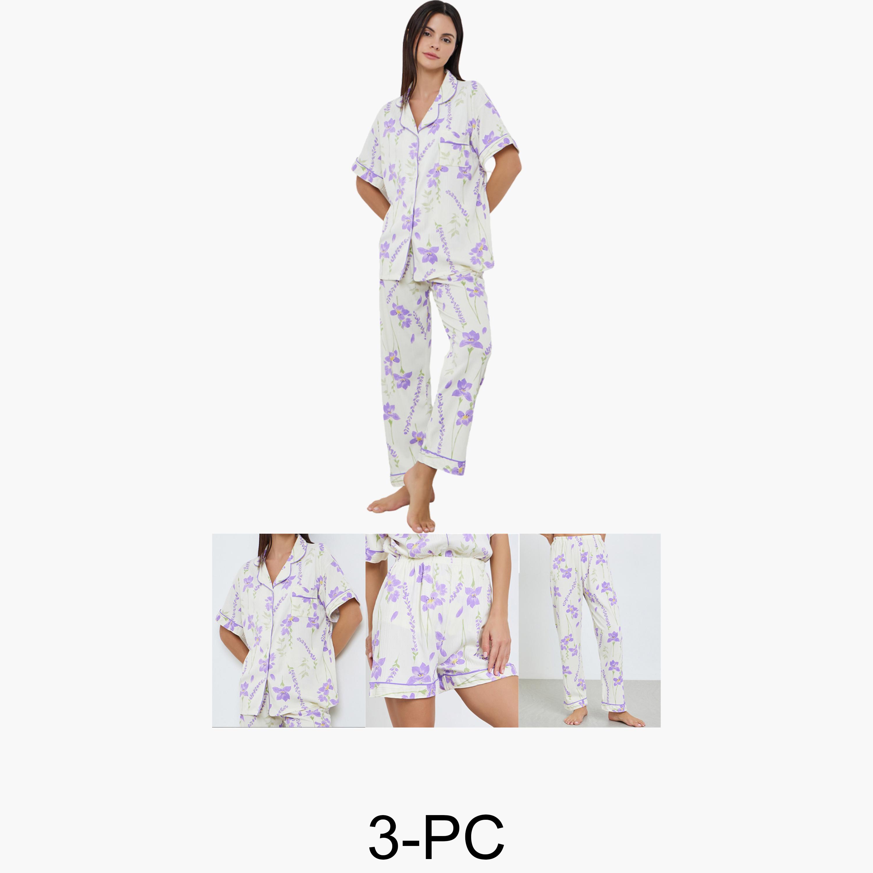 طقم بيجاما من بنطال وشورت مع بلوزة بطبعات زهور-women-clothing-nightwear-pyjamas-longsets-image-1