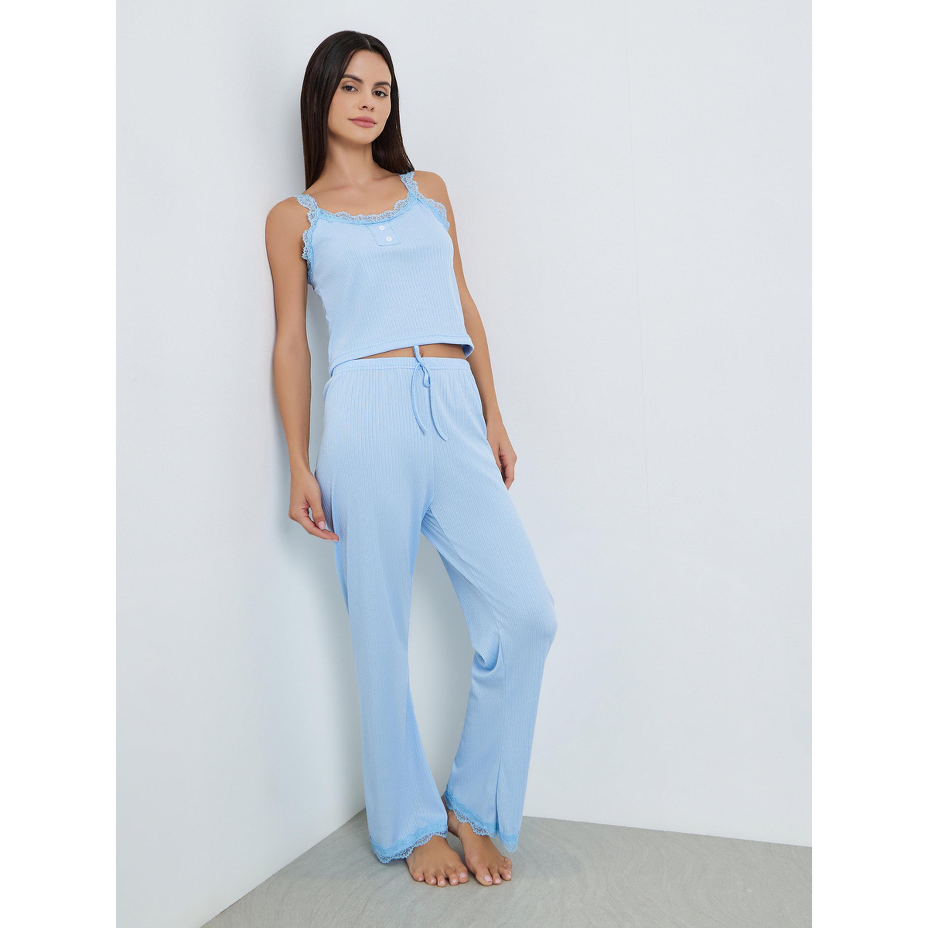 Styli Women Blue Lace Trim Cami Top and Pyjama Set-women-clothing-nightwear-pyjamas-longsets-image-1