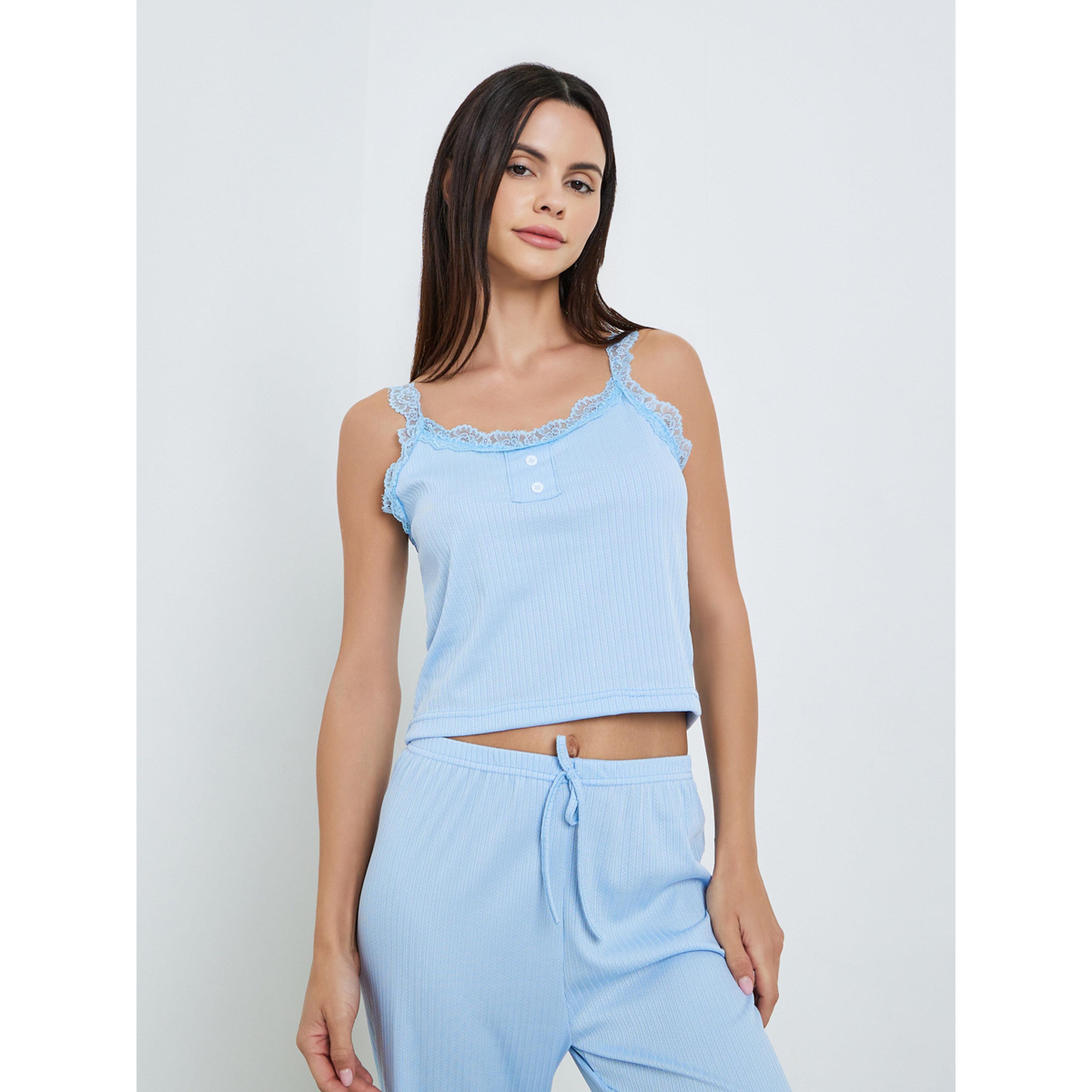 Styli Women Blue Lace Trim Cami Top and Pyjama Set-women-clothing-nightwear-pyjamas-longsets-image-3