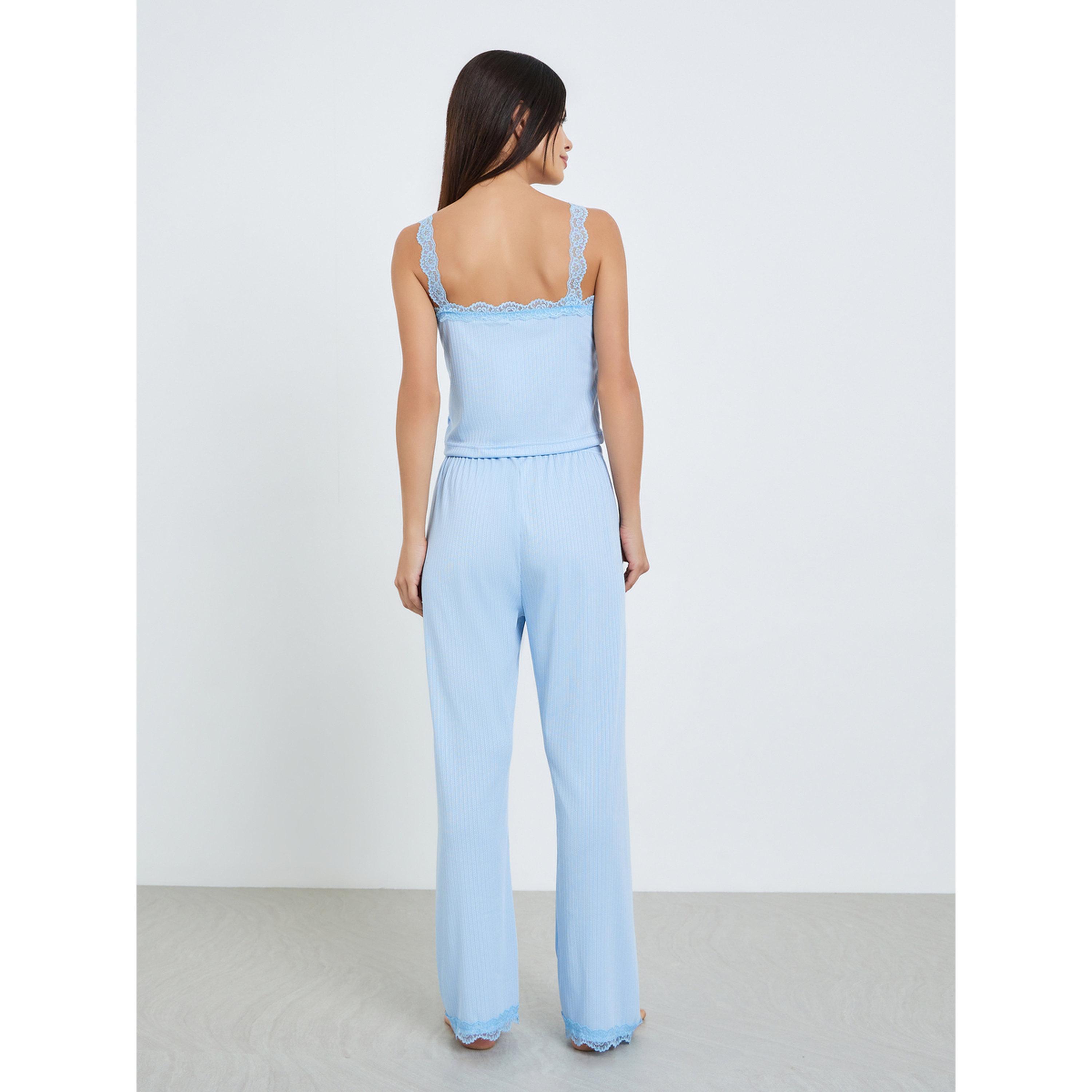 Styli Women Blue Lace Trim Cami Top and Pyjama Set-women-clothing-nightwear-pyjamas-longsets-image-4