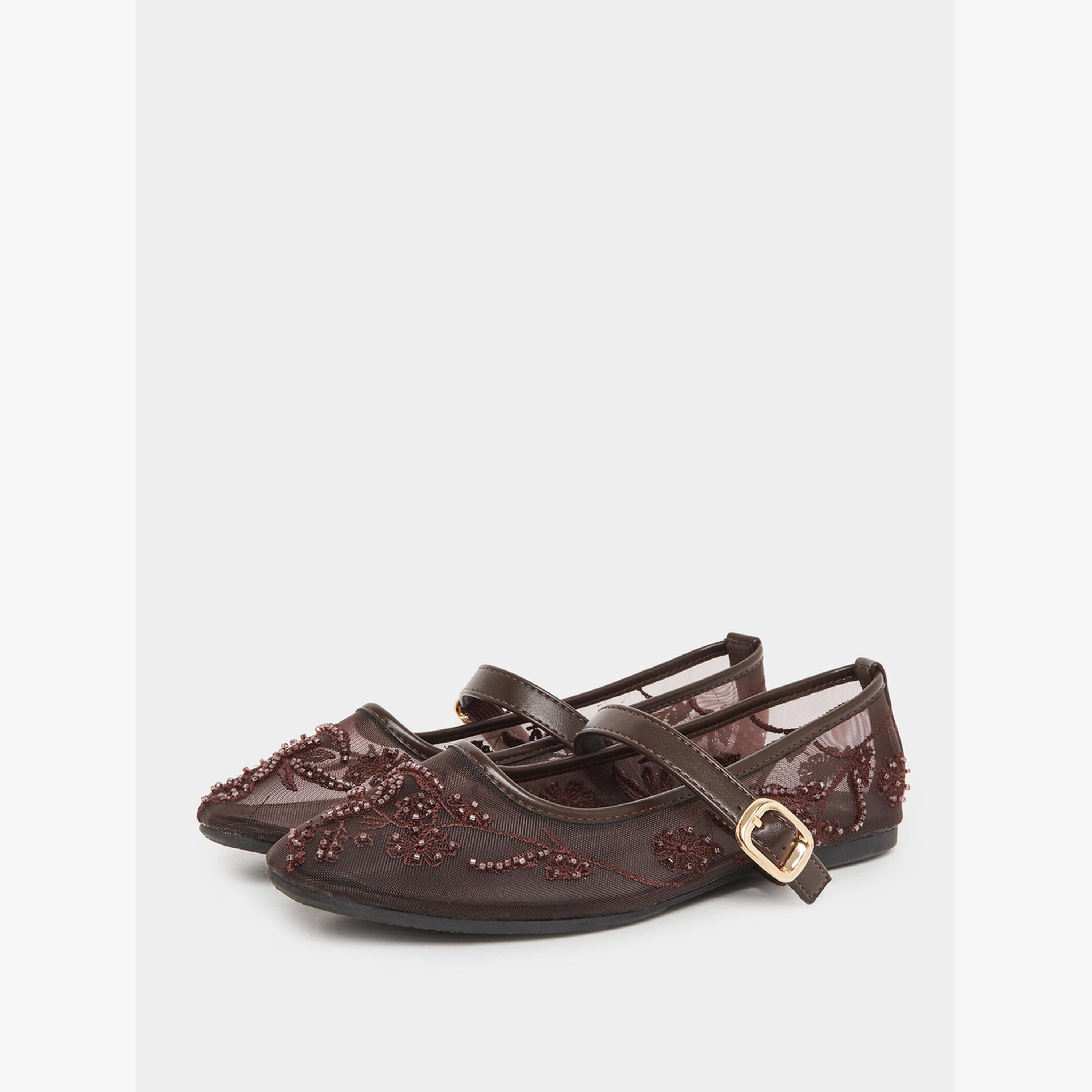 Styli Brown Embroidered Mesh Ballerinas-women-shoes-flats-ballerinas-image-1