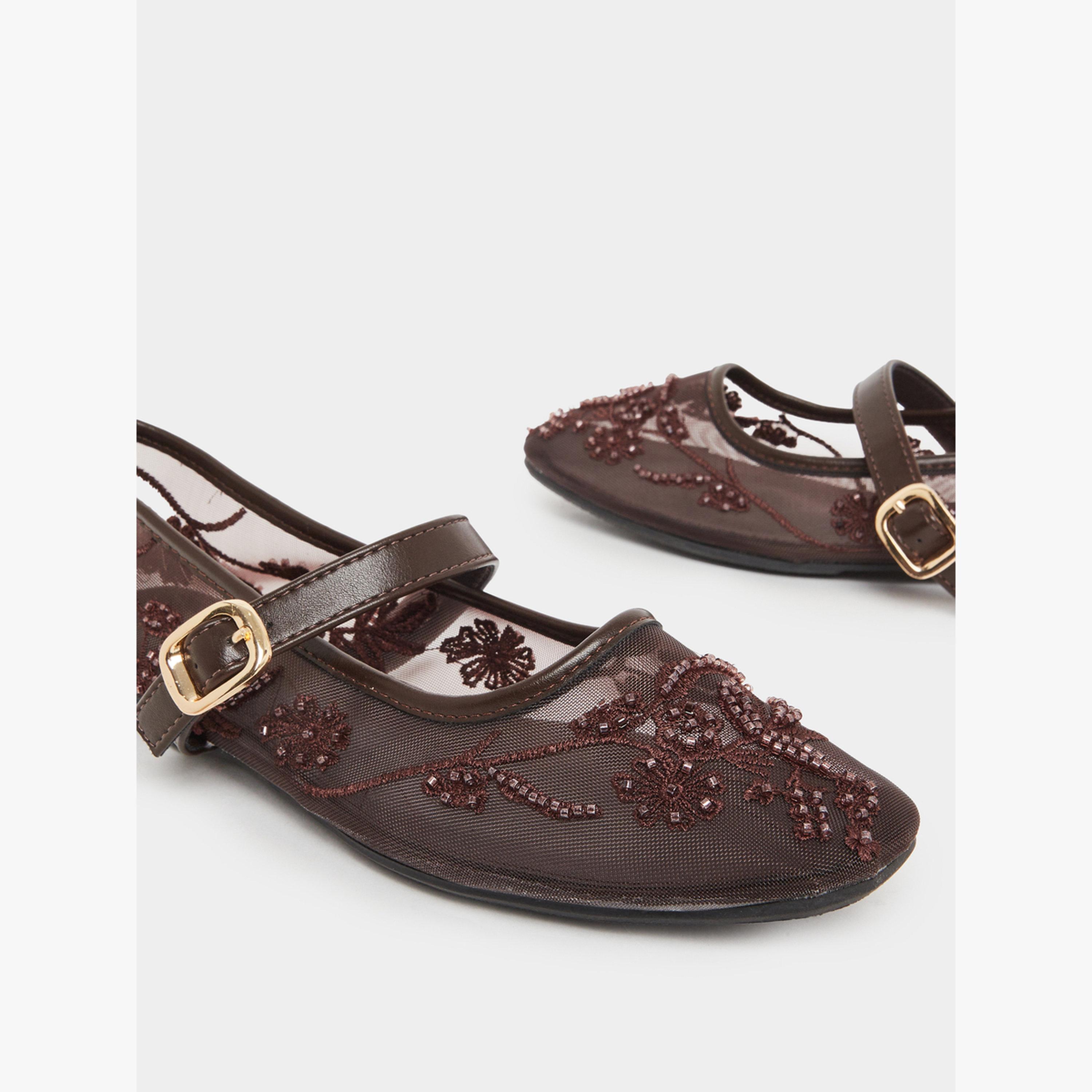 Styli Brown Embroidered Mesh Ballerinas-women-shoes-flats-ballerinas-image-4