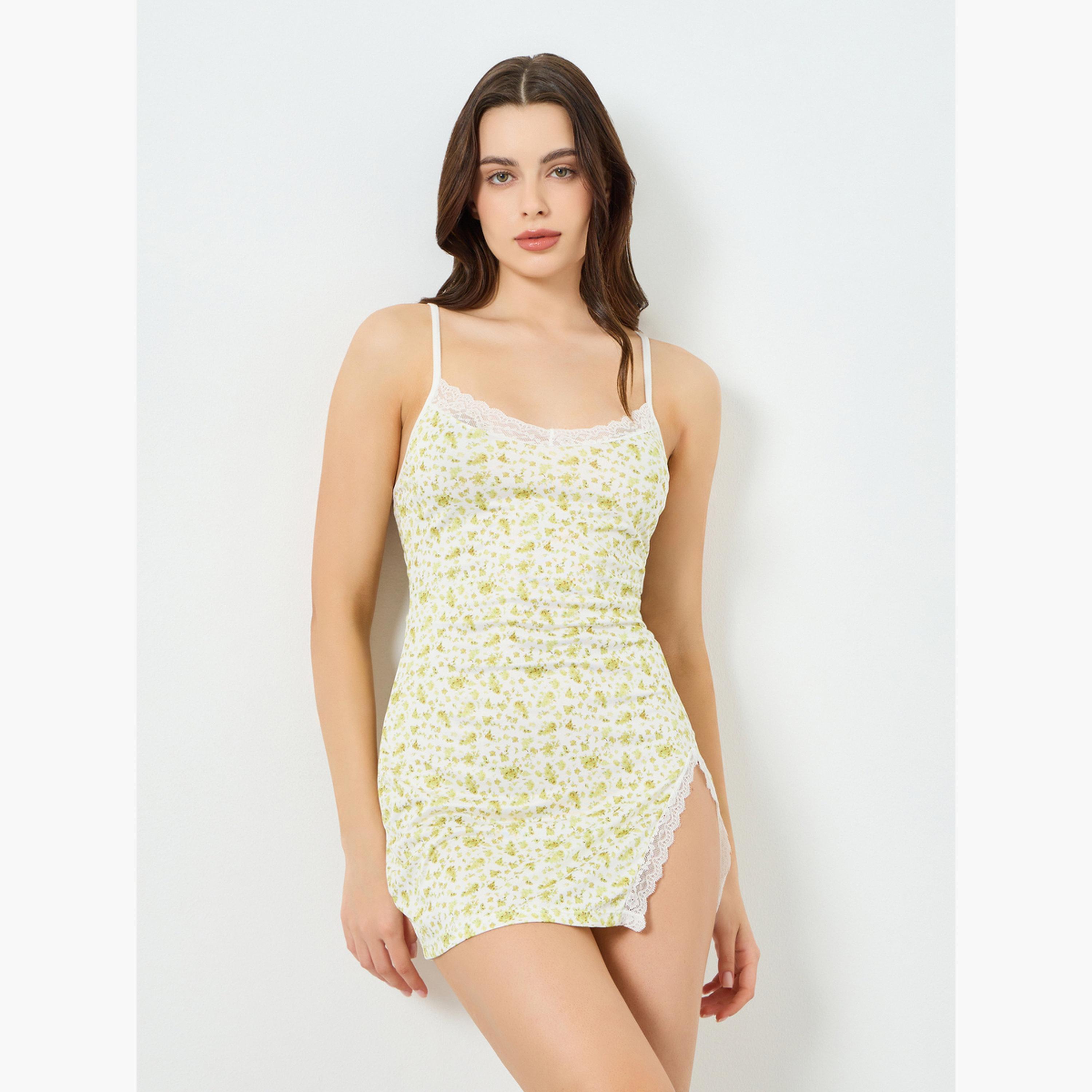 فستان لانجري ضيق بنقشة زهور مع فتحة جانبية-women-clothing-lingerie-babydollsandbodysuits-image-1