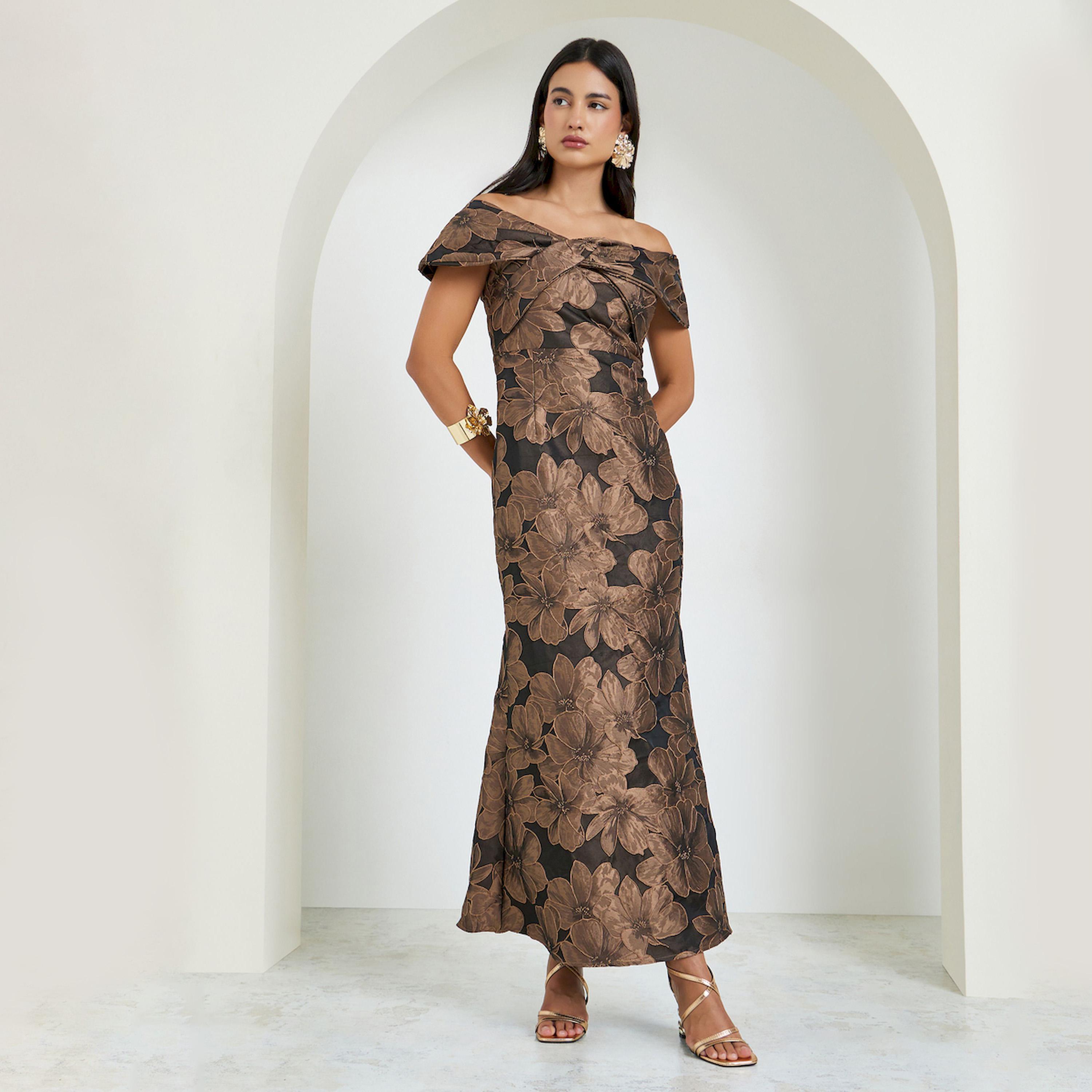 Styli Black Floral Jacquard Off-Shoulder Maxi Dress-women-clothing-dresses-image-1
