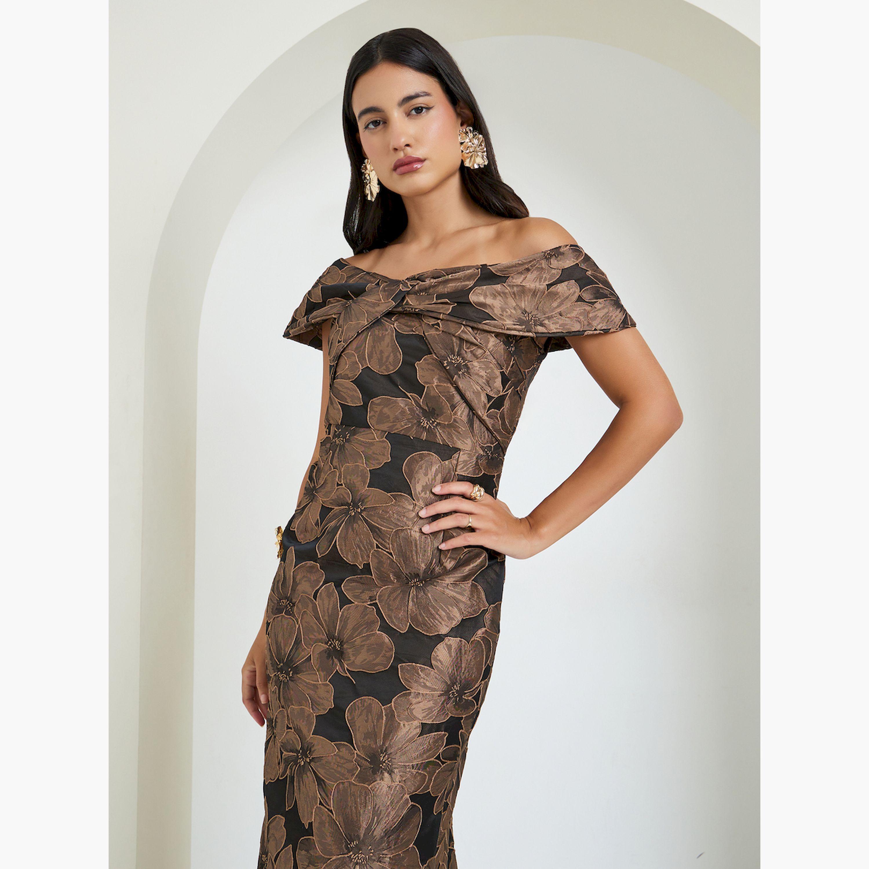 Styli Black Floral Jacquard Off-Shoulder Maxi Dress-women-clothing-dresses-image-2