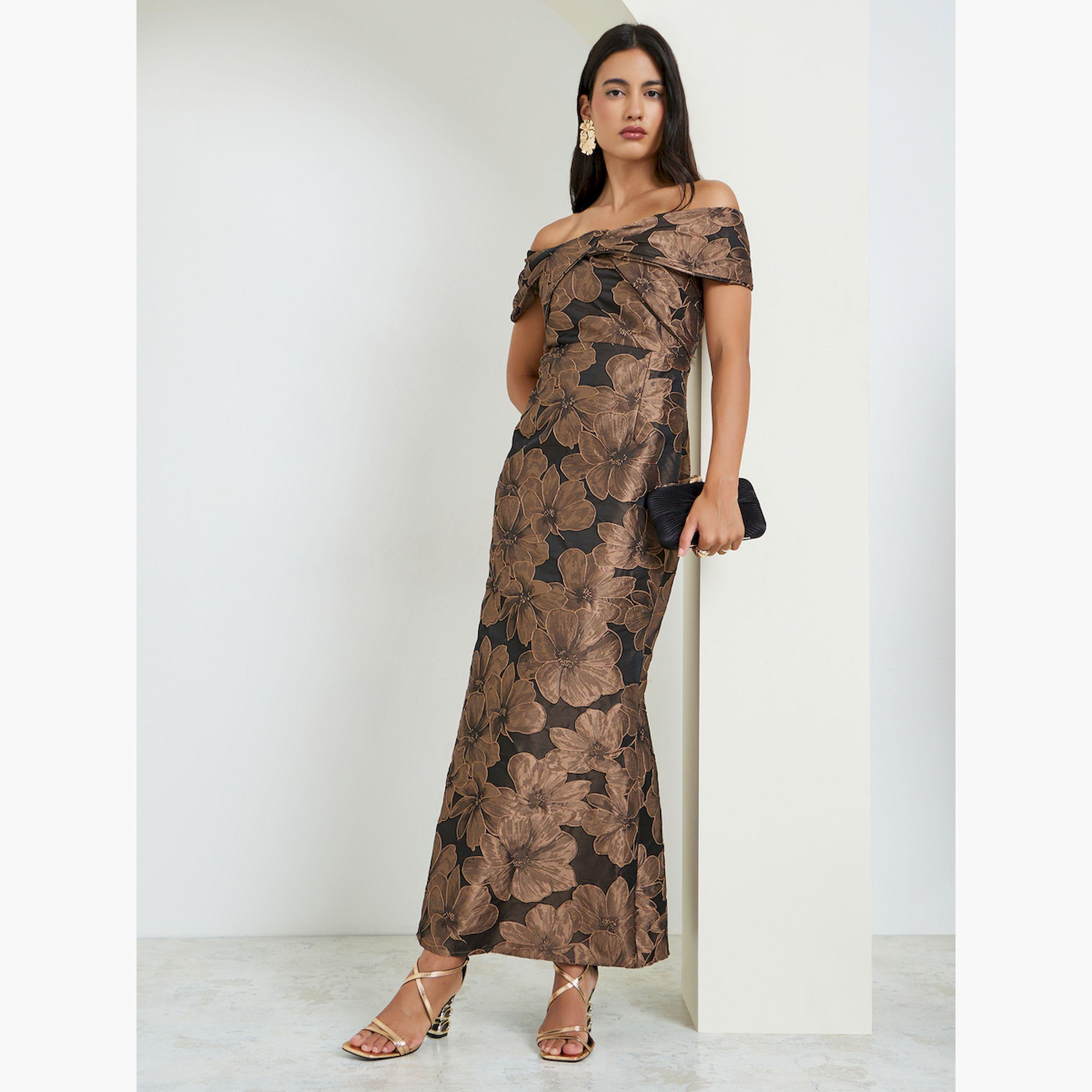 Styli Black Floral Jacquard Off-Shoulder Maxi Dress-women-clothing-dresses-image-3