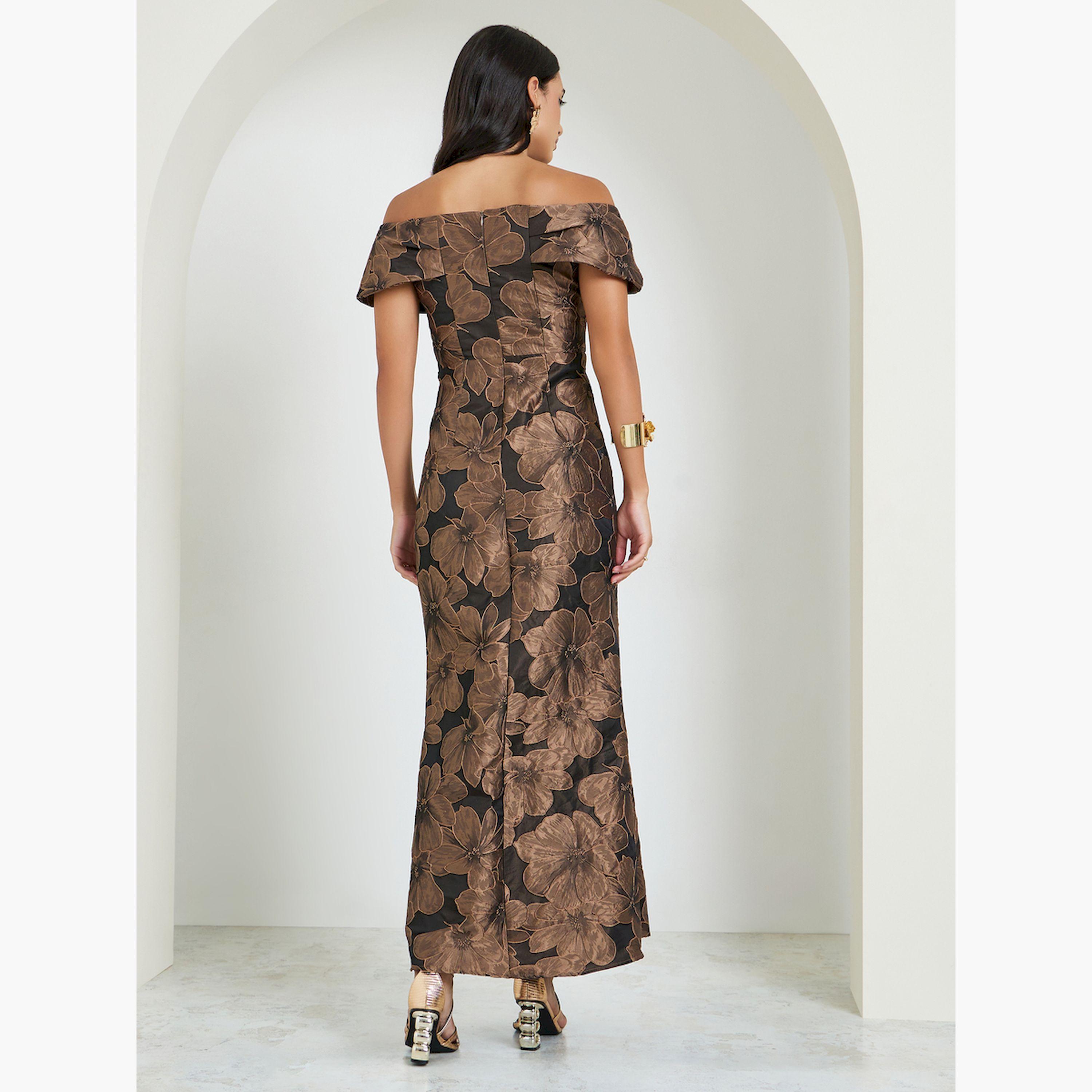 فستان طويل جاكار بنقشة الزهور بأكتاف مكشوفة-women-clothing-dresses-image-4