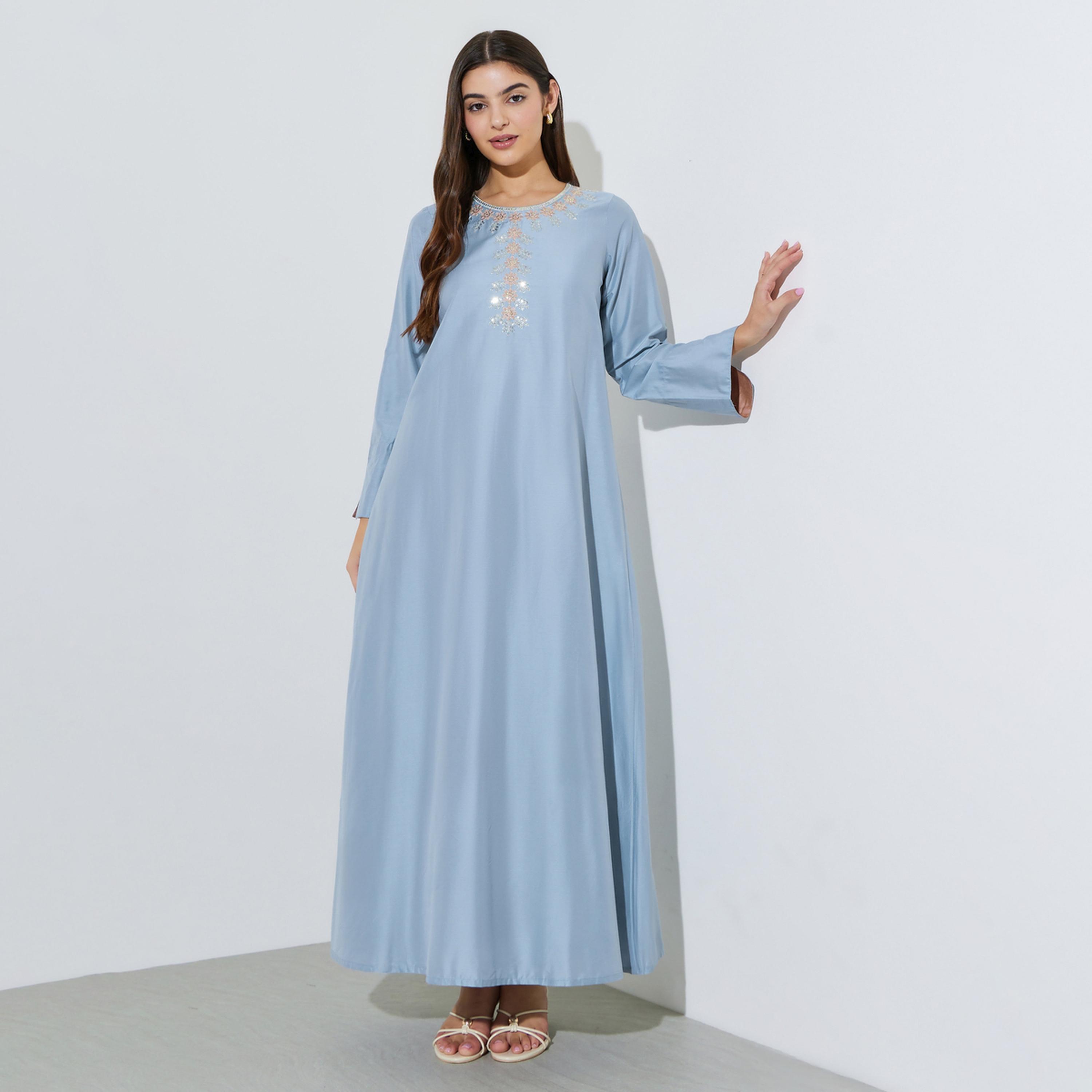 Amirah X Styli Blue Embroidered Long Sleeves Jalabiya-women-arabicclothing-jalabiyas-image-1