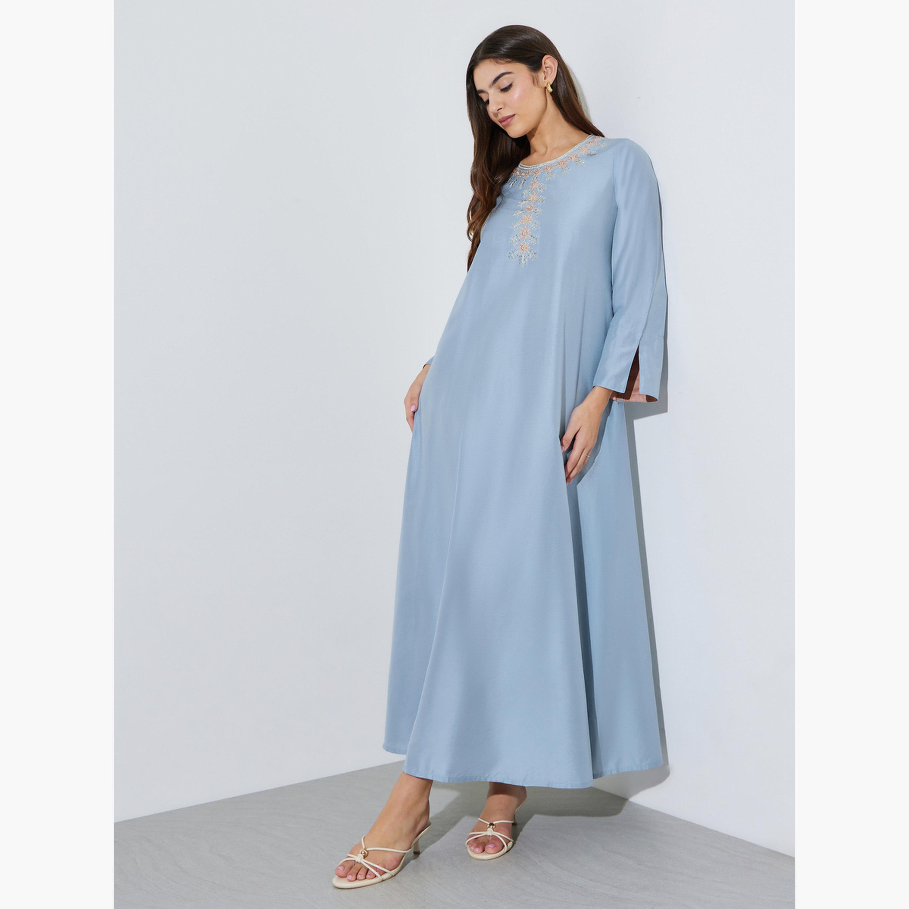 Amirah X Styli Blue Embroidered Long Sleeves Jalabiya-women-arabicclothing-jalabiyas-image-2