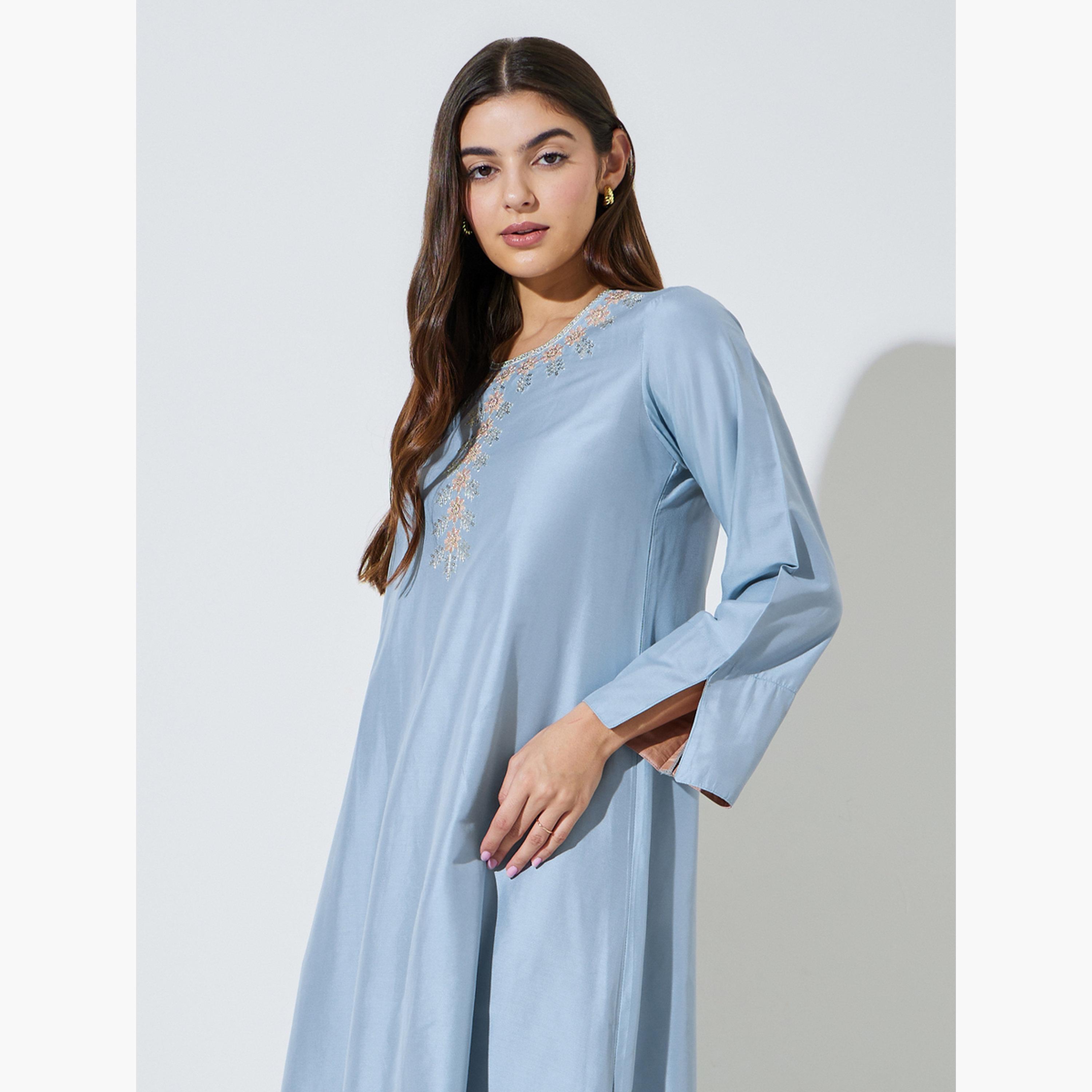 Amirah X Styli Blue Embroidered Long Sleeves Jalabiya-women-arabicclothing-jalabiyas-image-3