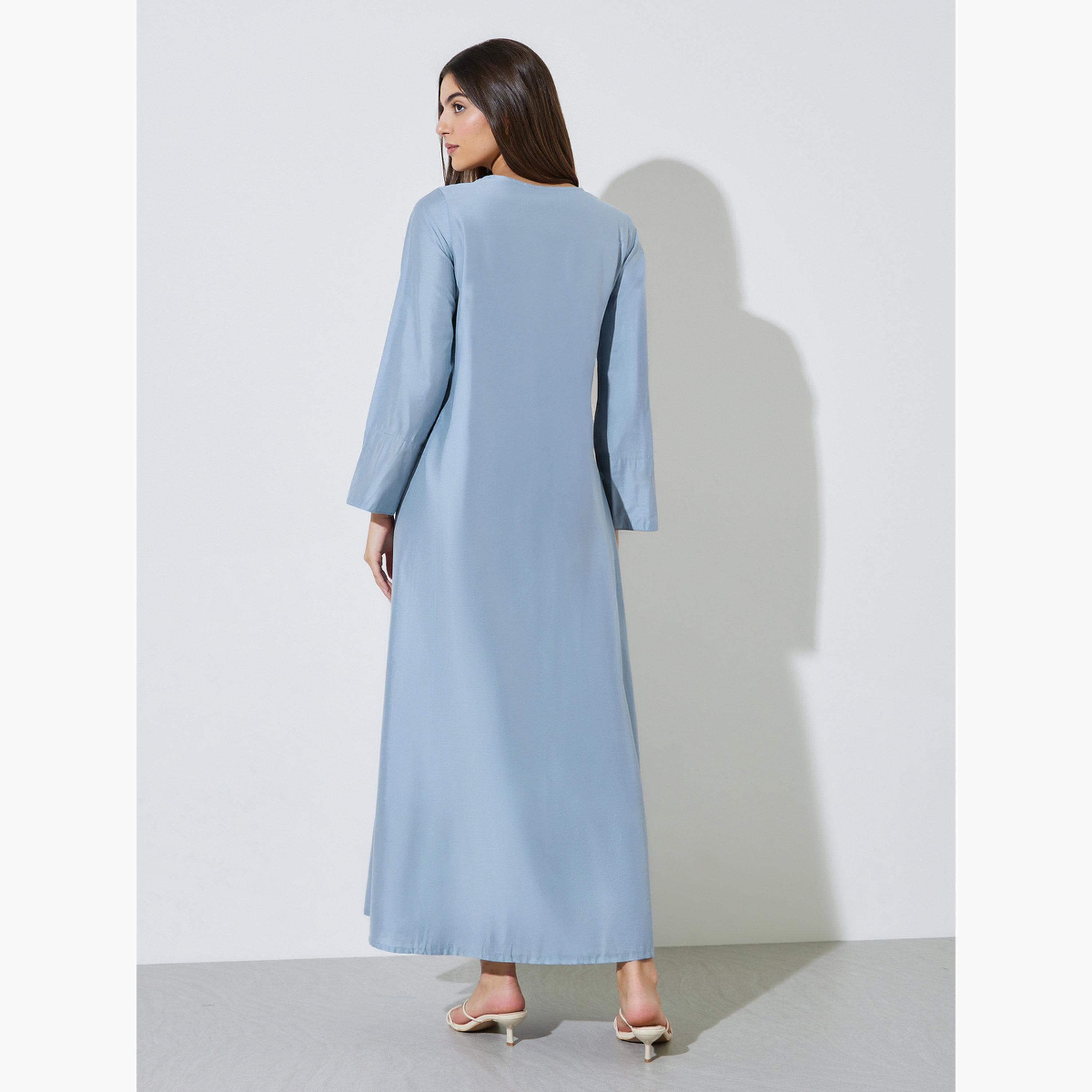 Amirah X Styli Blue Embroidered Long Sleeves Jalabiya-women-arabicclothing-jalabiyas-image-4
