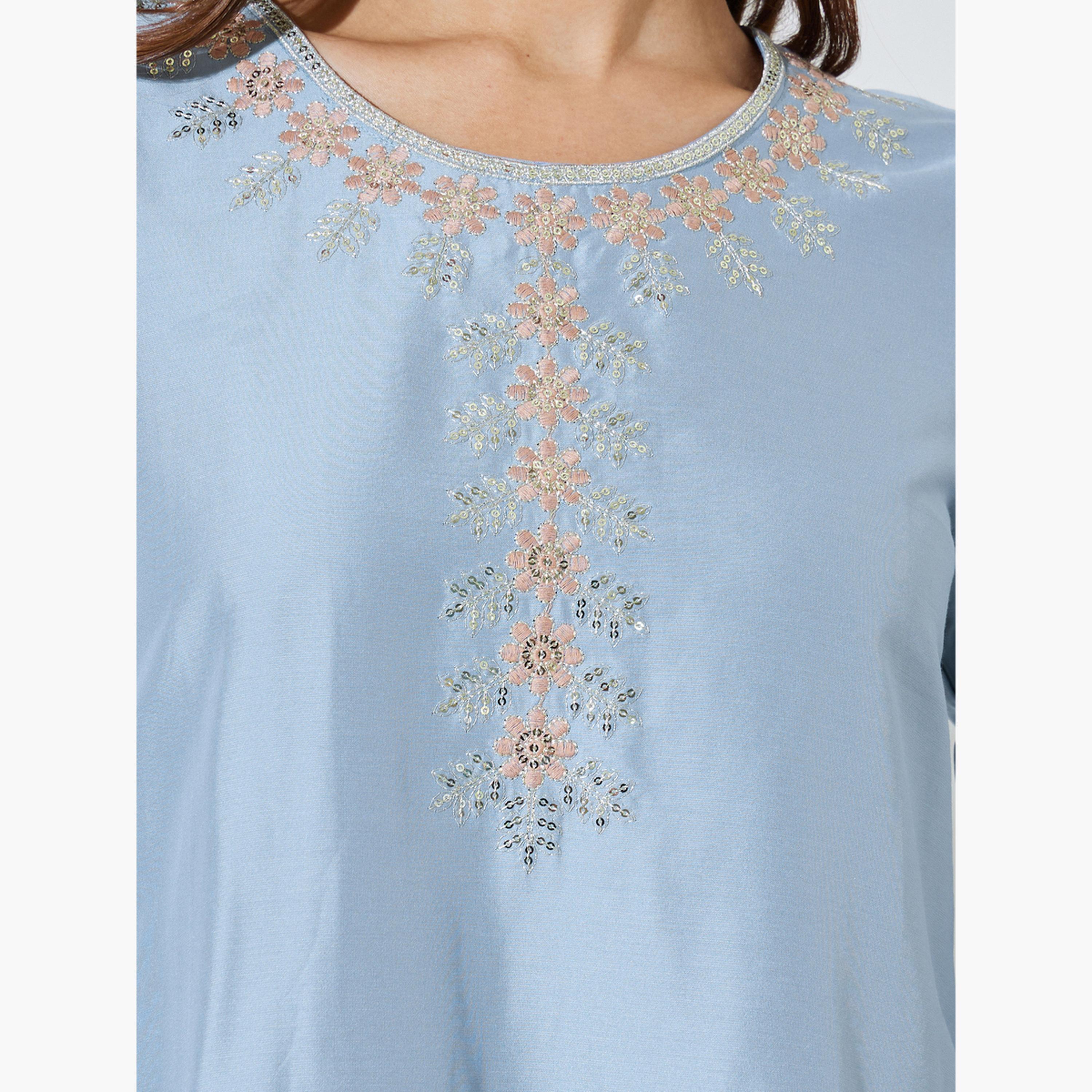 Amirah X Styli Blue Embroidered Long Sleeves Jalabiya-women-arabicclothing-jalabiyas-image-5