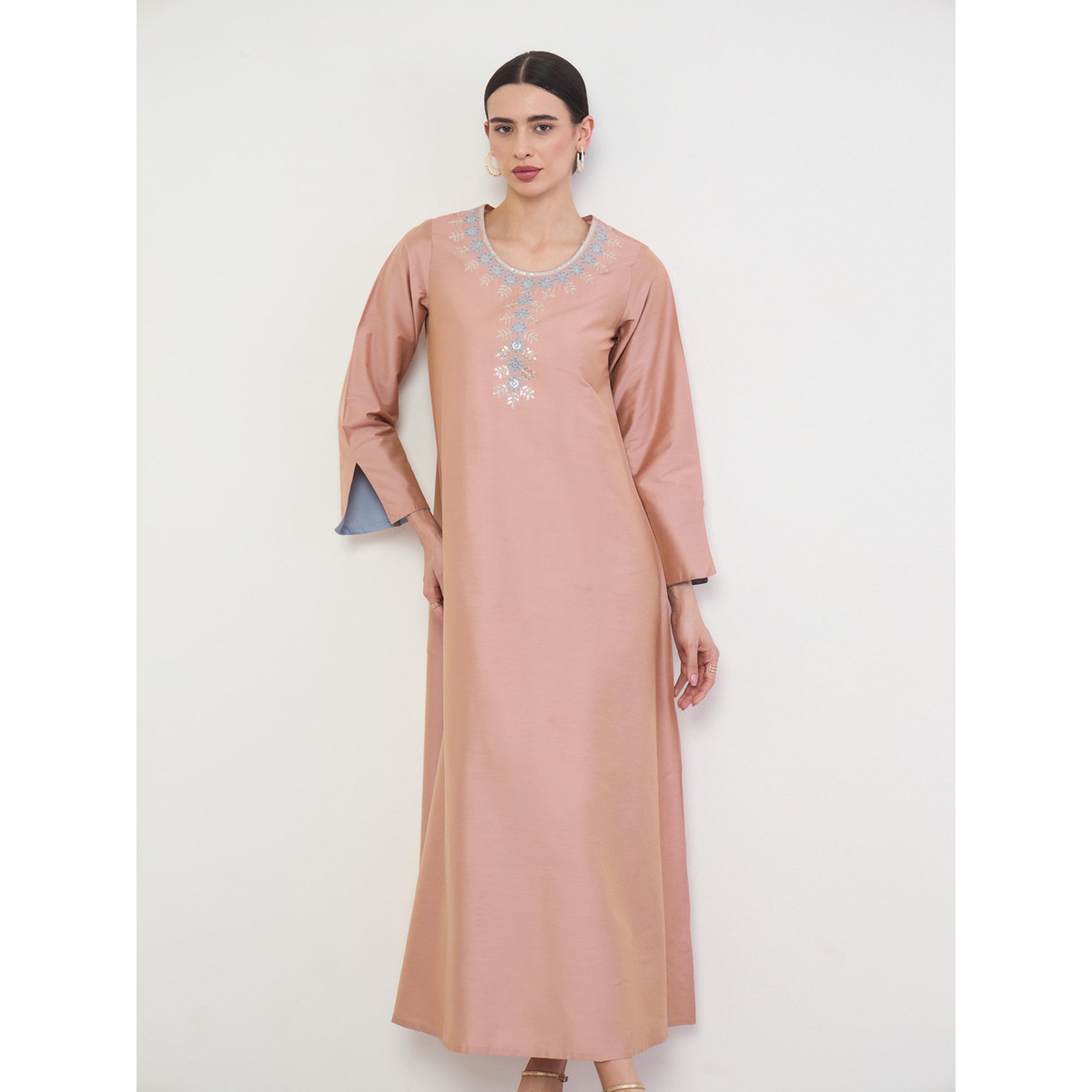 Amirah X Styli Yellow Zari Embroidered Jalabiya with Sequenced Neck-women-arabicclothing-jalabiyas-image-1